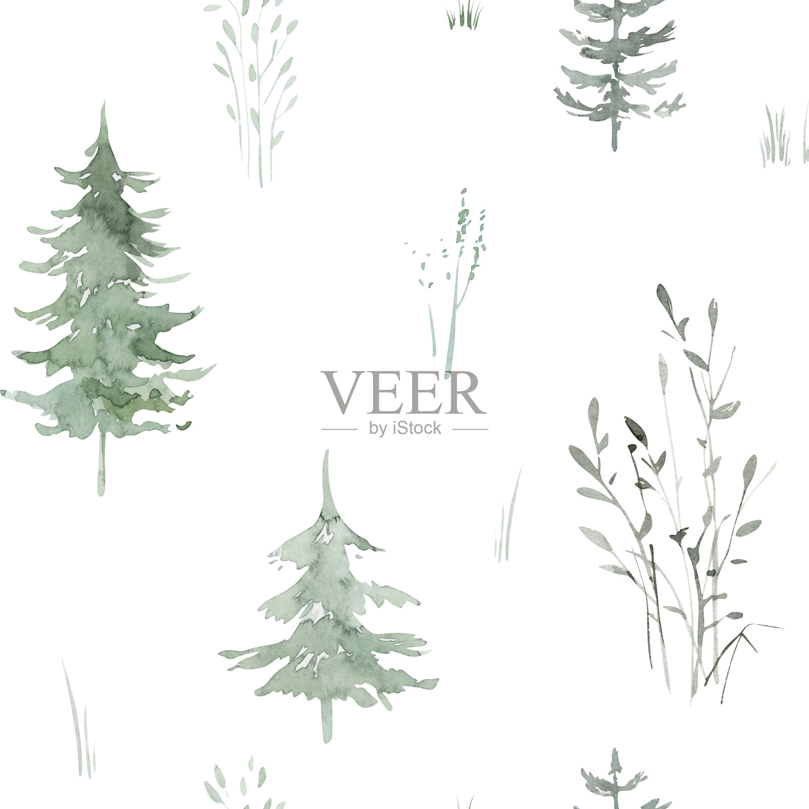 斯堪的纳维亚水彩画自然集绿色树木,桦树和松树,山灰,森林无缝图案收集孤立在白色背景上。林地设计元素插画图片素材