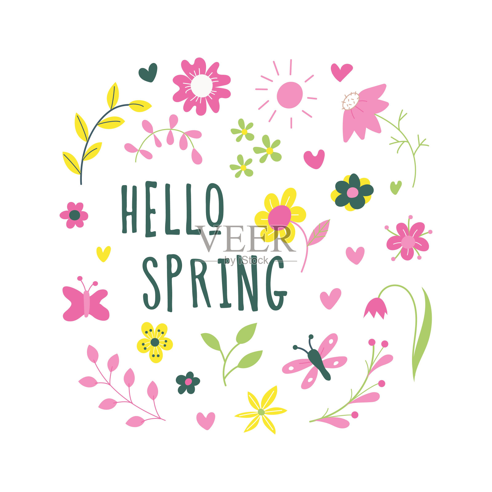 可爱的贴纸上写着“你好春天”和美丽的春天,花儿,树叶。用于明信片设计。手绘。矢量图插画图片素材