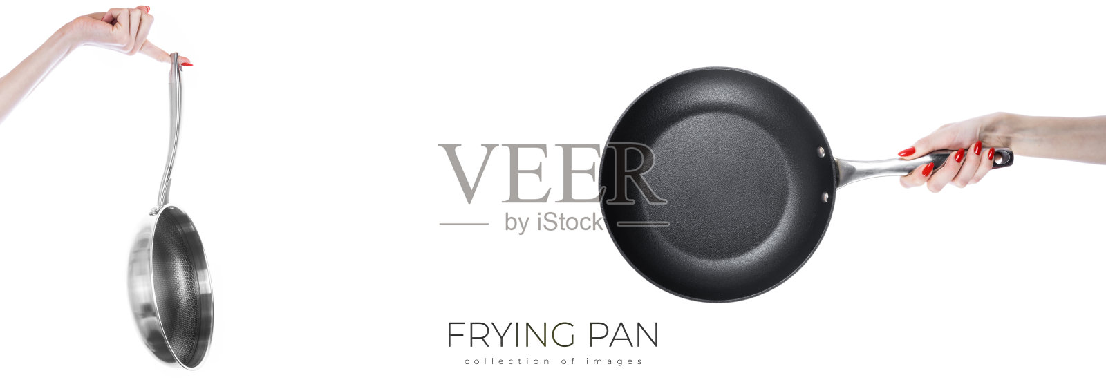 女性手握煎锅孤立在白色背景照片摄影图片