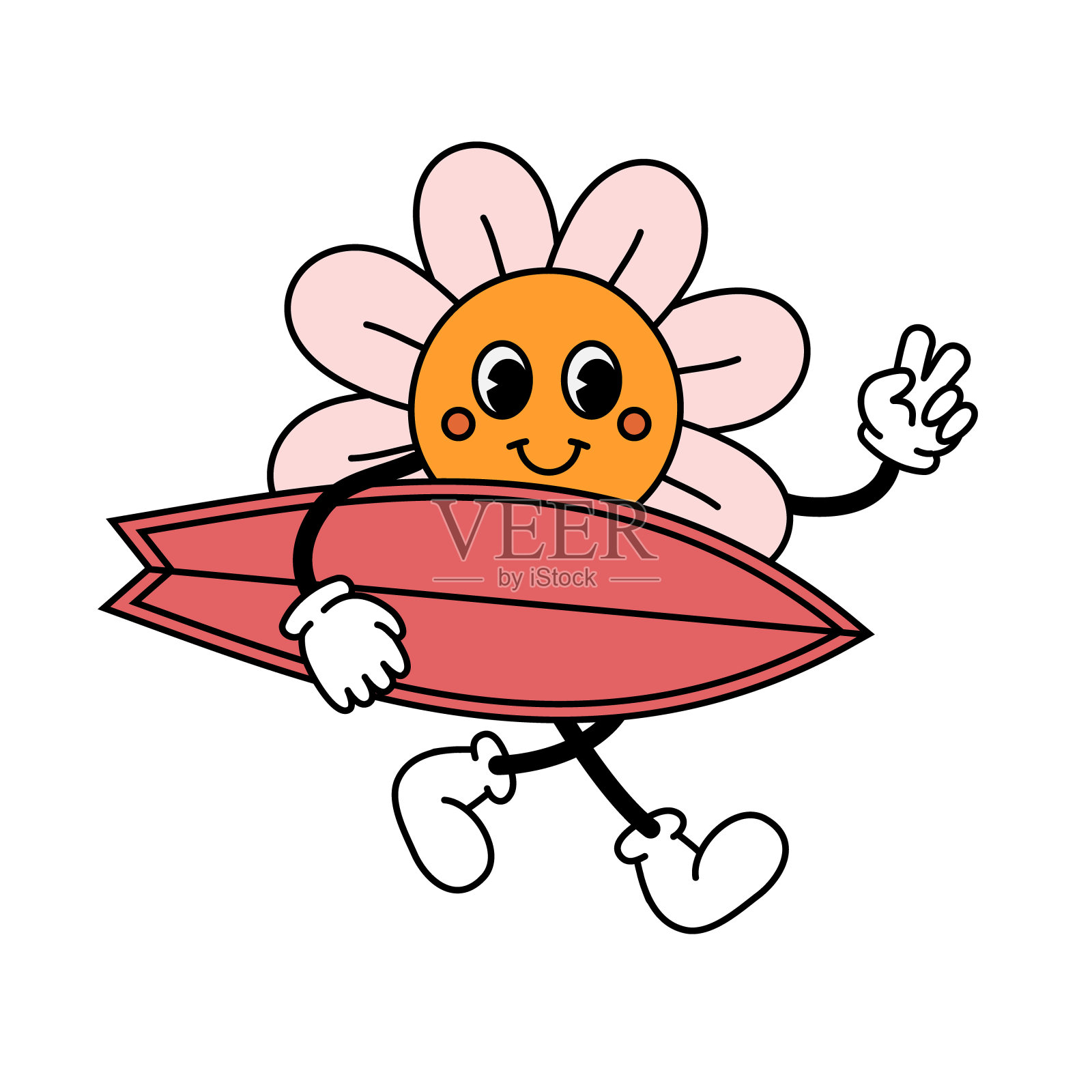 矢量复古groovy卡通花与冲浪板插画图片素材