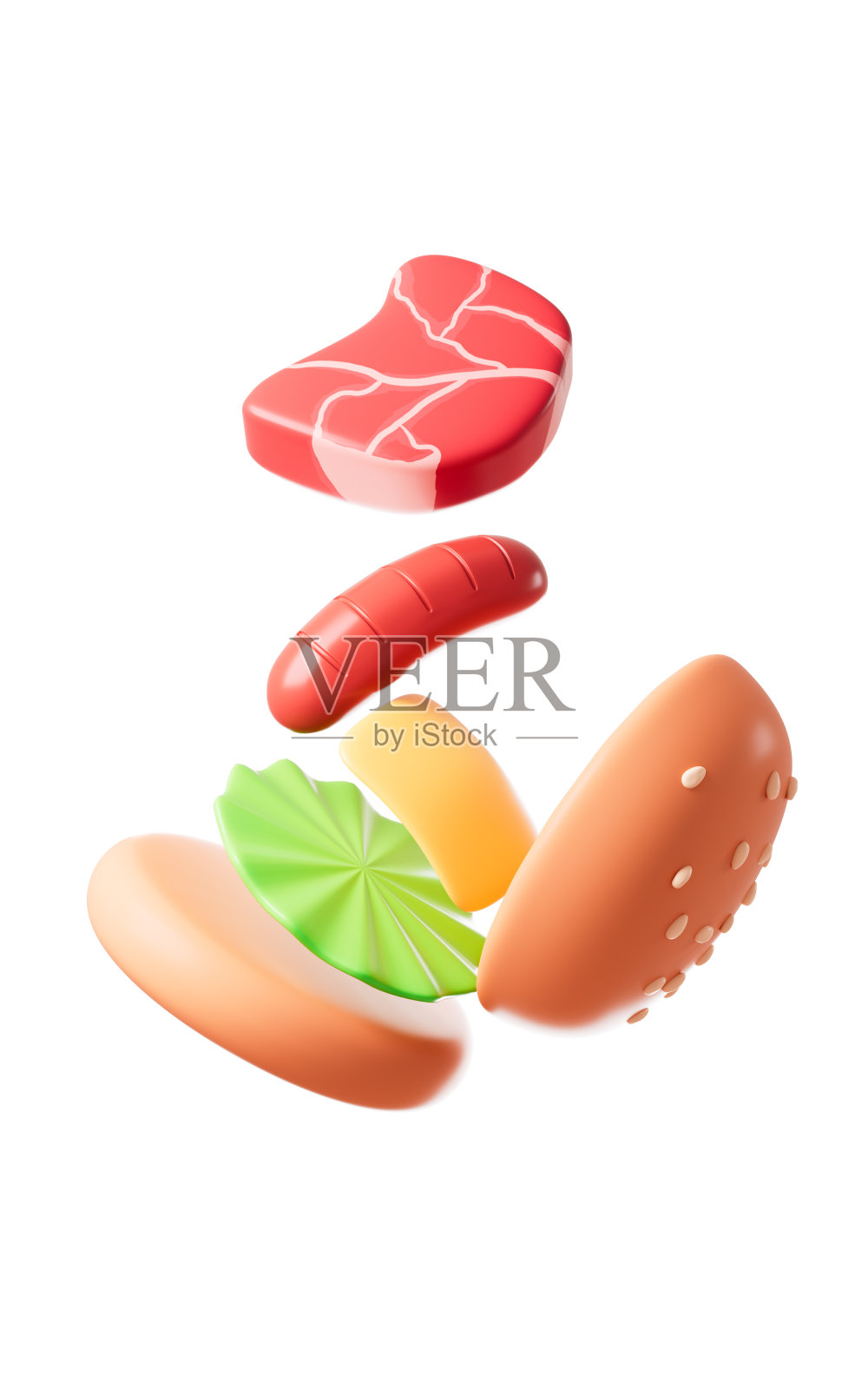 卡通肉,香肠,蔬菜,奶酪和汉堡包,快餐,3d渲染。照片摄影图片