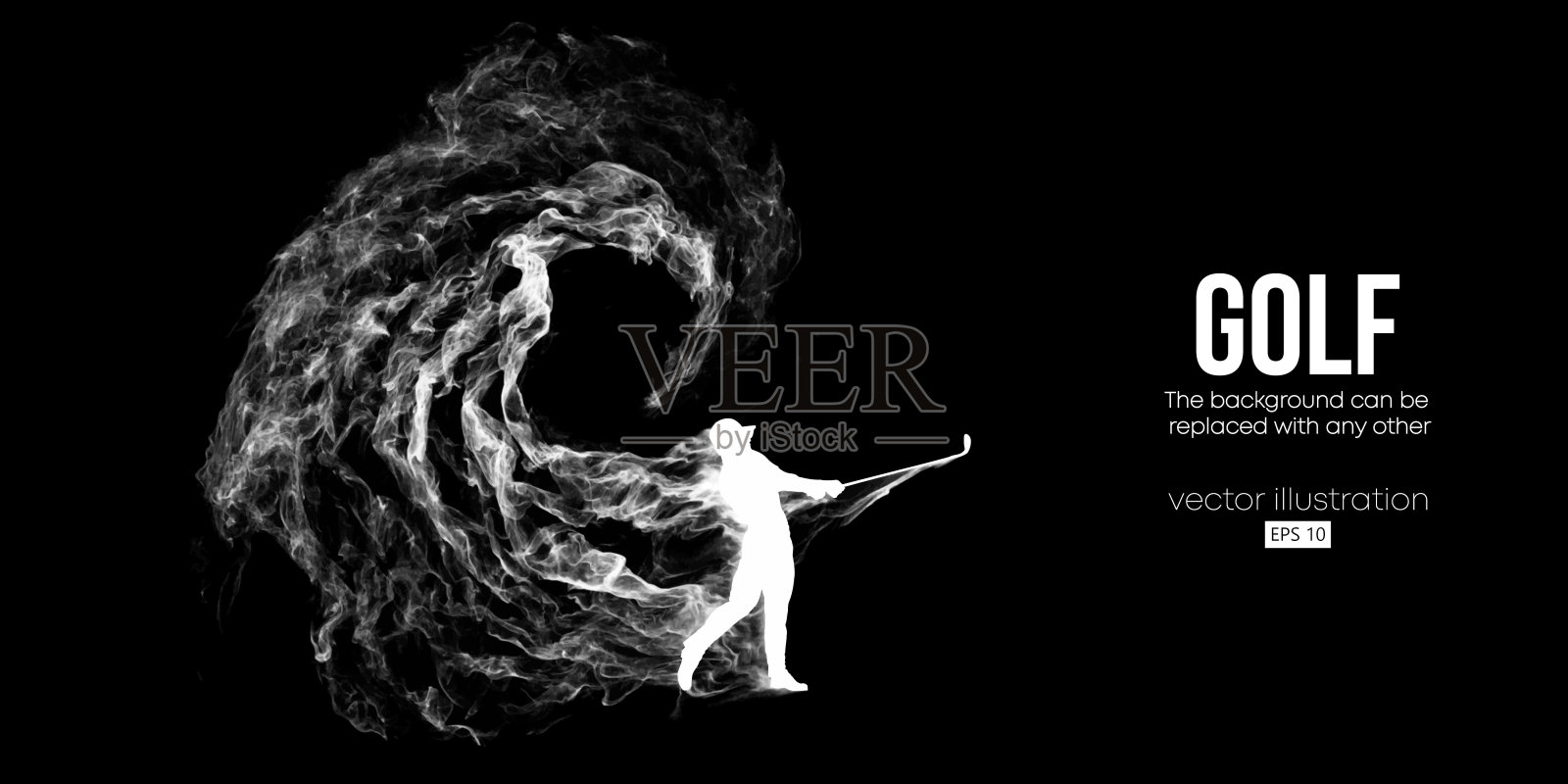 一个高尔夫球手在黑色背景上的抽象剪影。高尔夫球手击球。矢量图插画图片素材