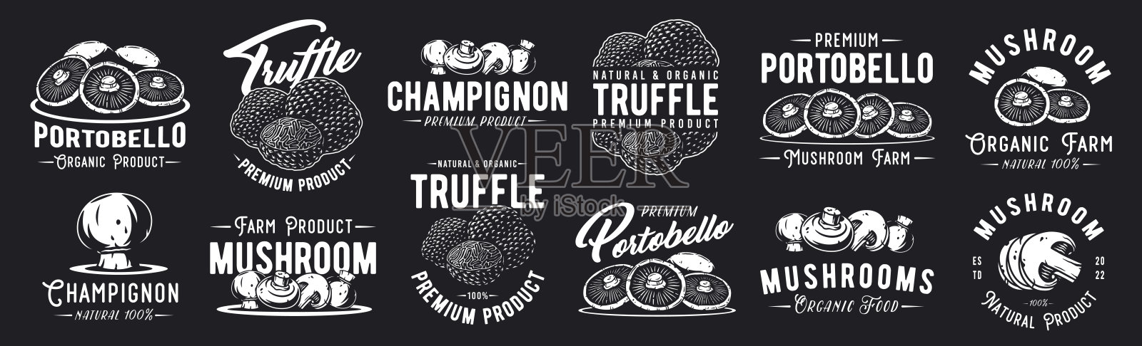 蘑菇松露和波多贝罗套装为有机,天然素食食品。食用香草集合。蘑菇,蘑菇采摘插画图片素材