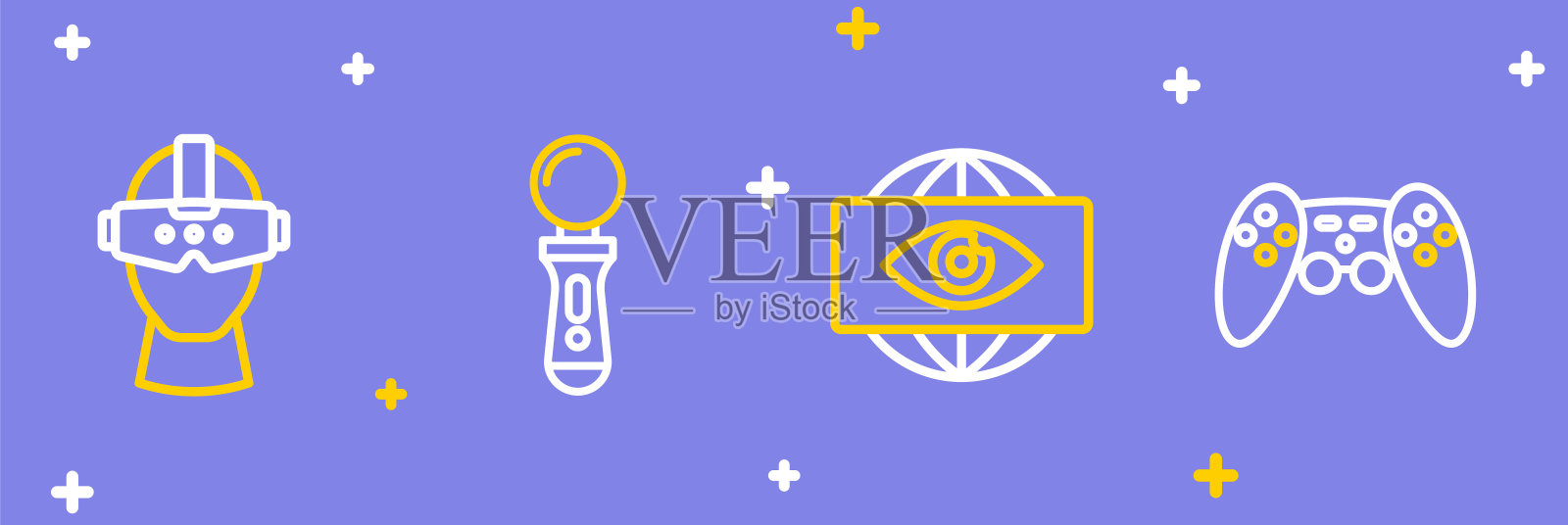 集手柄、老大哥电子眼、VR游戏控制器和虚拟现实眼镜icon于一体。向量插画图片素材