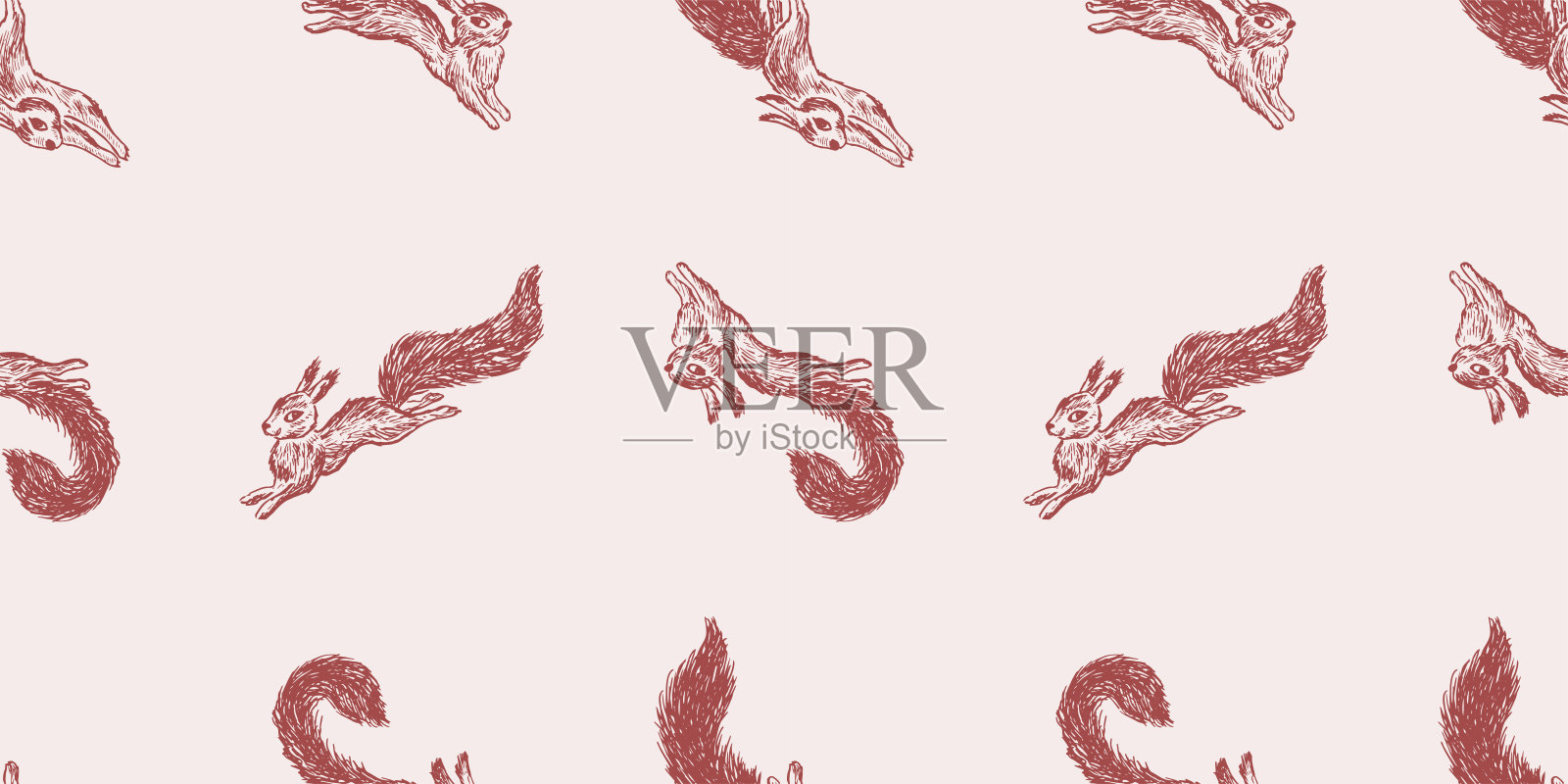 无缝图案的草图卡通红色跳跃野生森林松鼠与大蓬松的尾巴,矢量背景的纺织品,纸张,壁纸插画图片素材