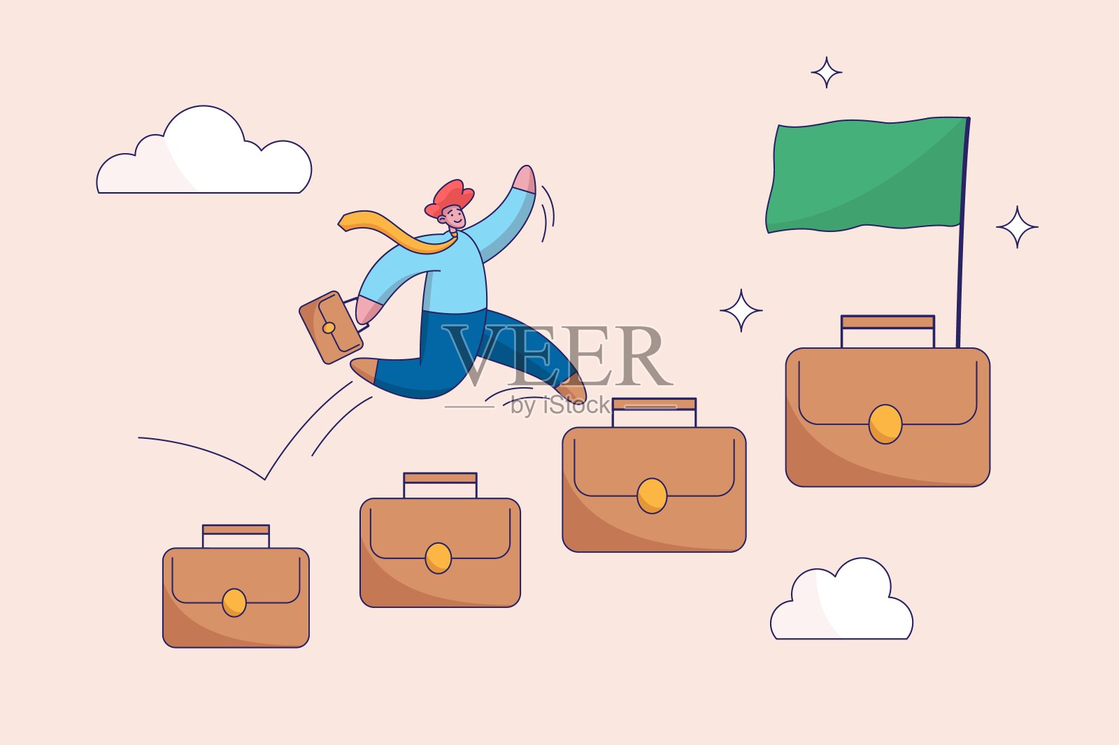 抱负概念,职业成长发展计划,职位晋升或实现工作目标的动力,通往成功的阶梯,商人专业走上公文包阶梯,到达目标的顶端。插画图片素材