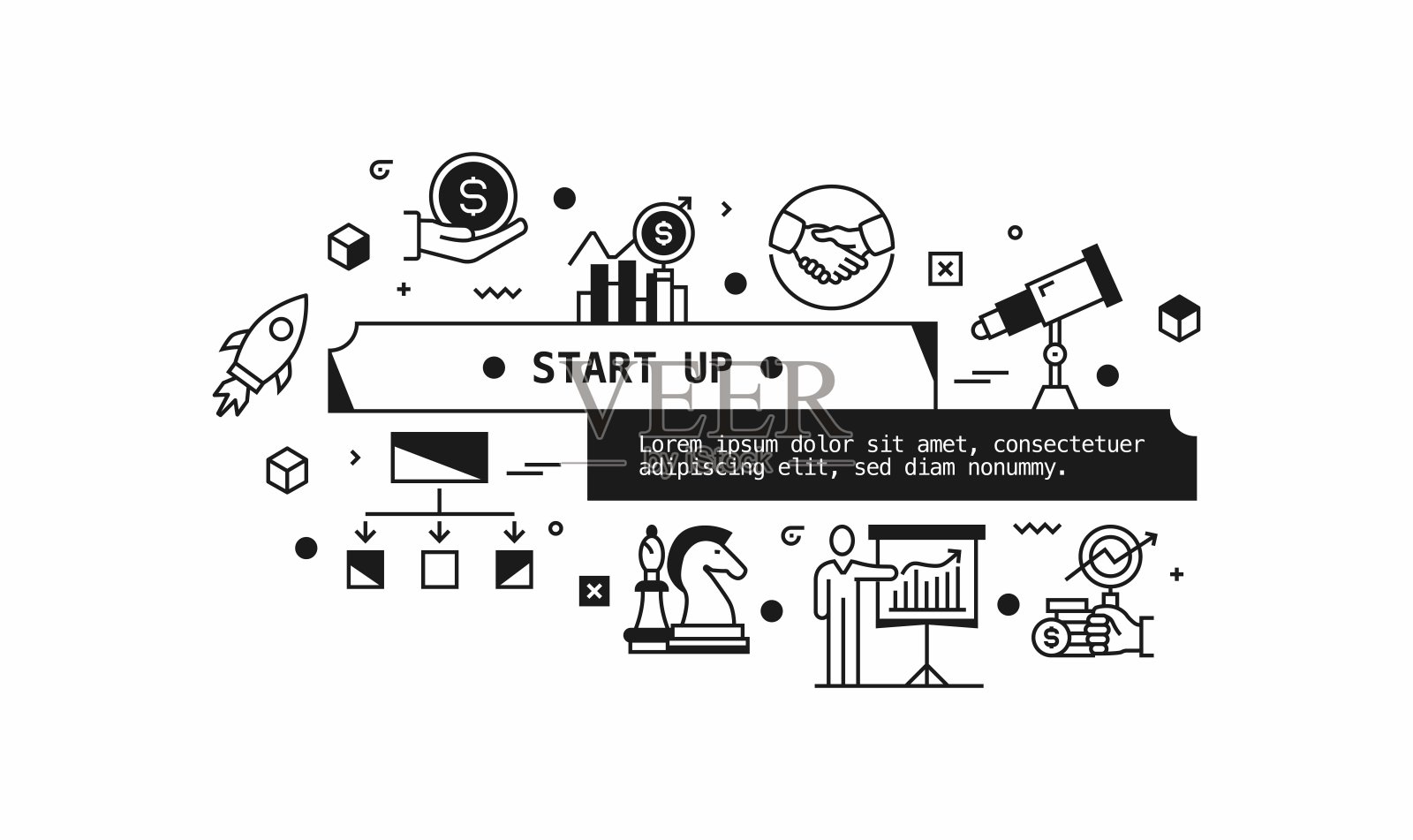 启动相关的矢量横幅设计概念。全局多球体随时可用的模板。网页横幅,网站标题,杂志,移动应用程序等。现代设计。插画图片素材