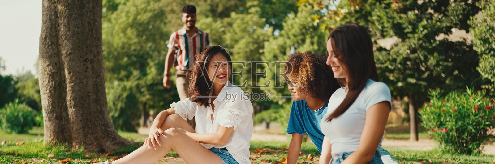 快乐微笑的年轻跨国人在夏日的户外野餐。朋友们一起度过愉快的周末,在公园野餐,全景放松照片摄影图片