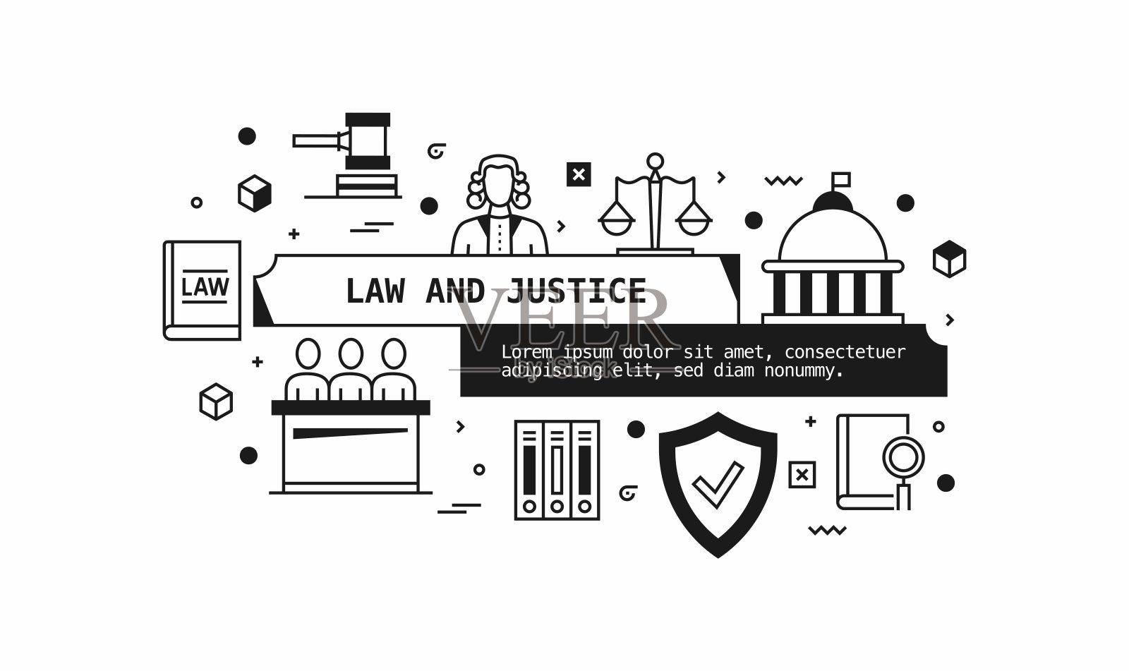 法律与正义相关的矢量横幅设计概念。全局多球体随时可用的模板。网页横幅,网站标题,杂志,移动应用程序等。现代设计。插画图片素材