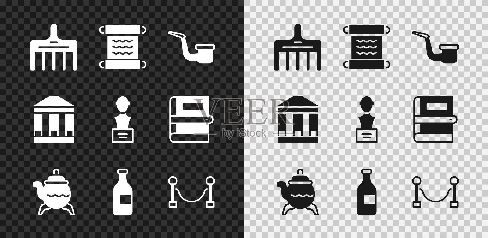 集发刷,纸莎草卷轴,吸烟管,经典茶壶,酒瓶,绳屏障,博物馆建筑和石膏头雕塑胸像。向量插画图片素材