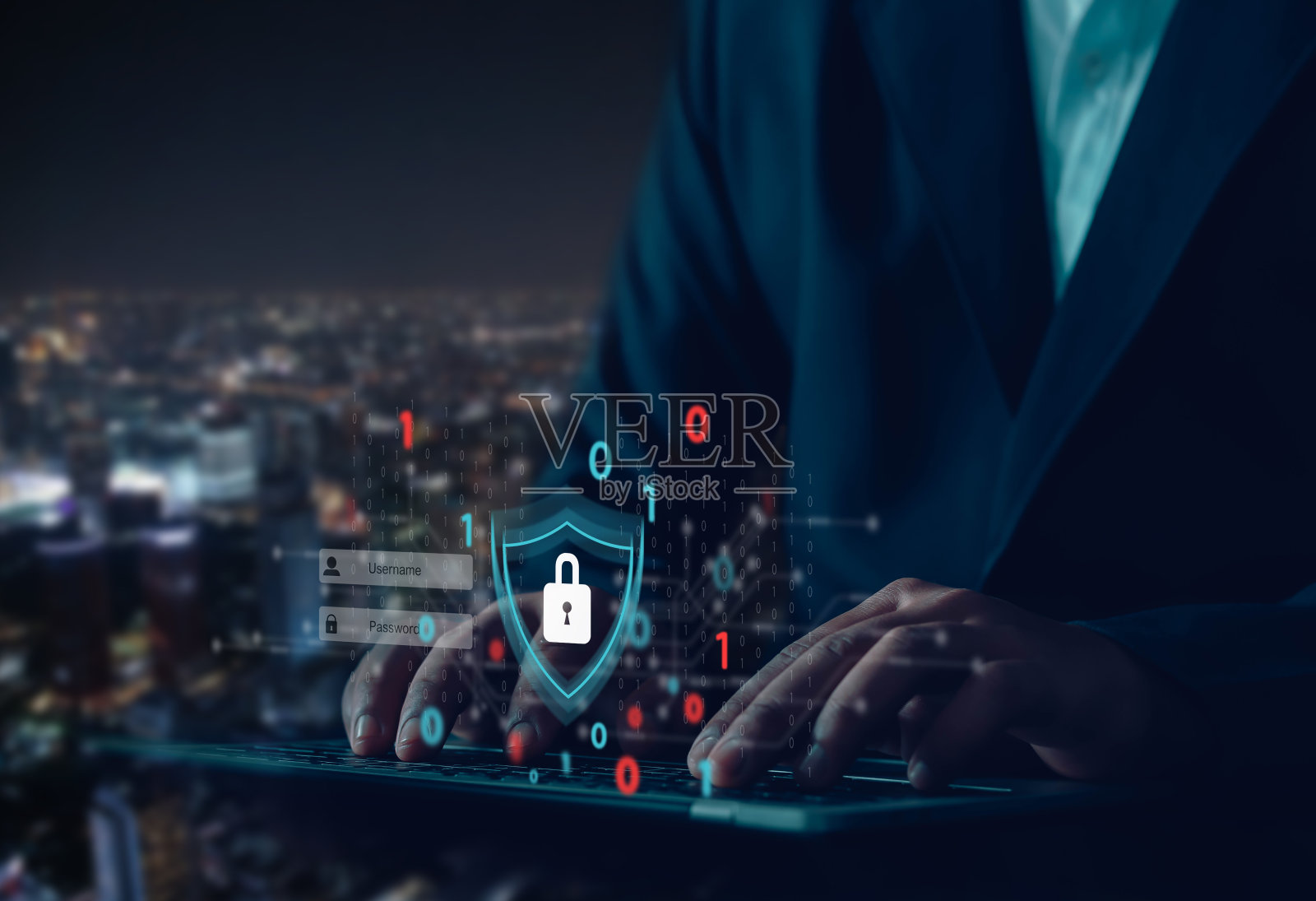 网络安全概念用户隐私安全和互联网数据保护概念商人在虚拟电脑屏幕上保护个人信息照片摄影图片