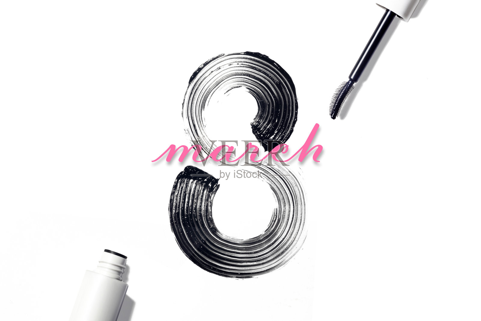 3月8日国际妇女节。涂抹,用睫毛膏涂成8字形。创意,极简主义海报白色或透明png背景粉红色铭文照片摄影图片