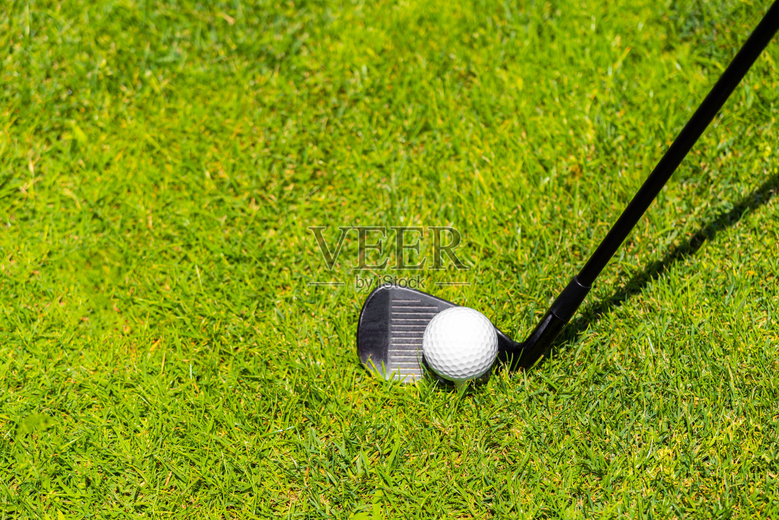 高尔夫球场草地上的高尔夫球和球杆照片摄影图片