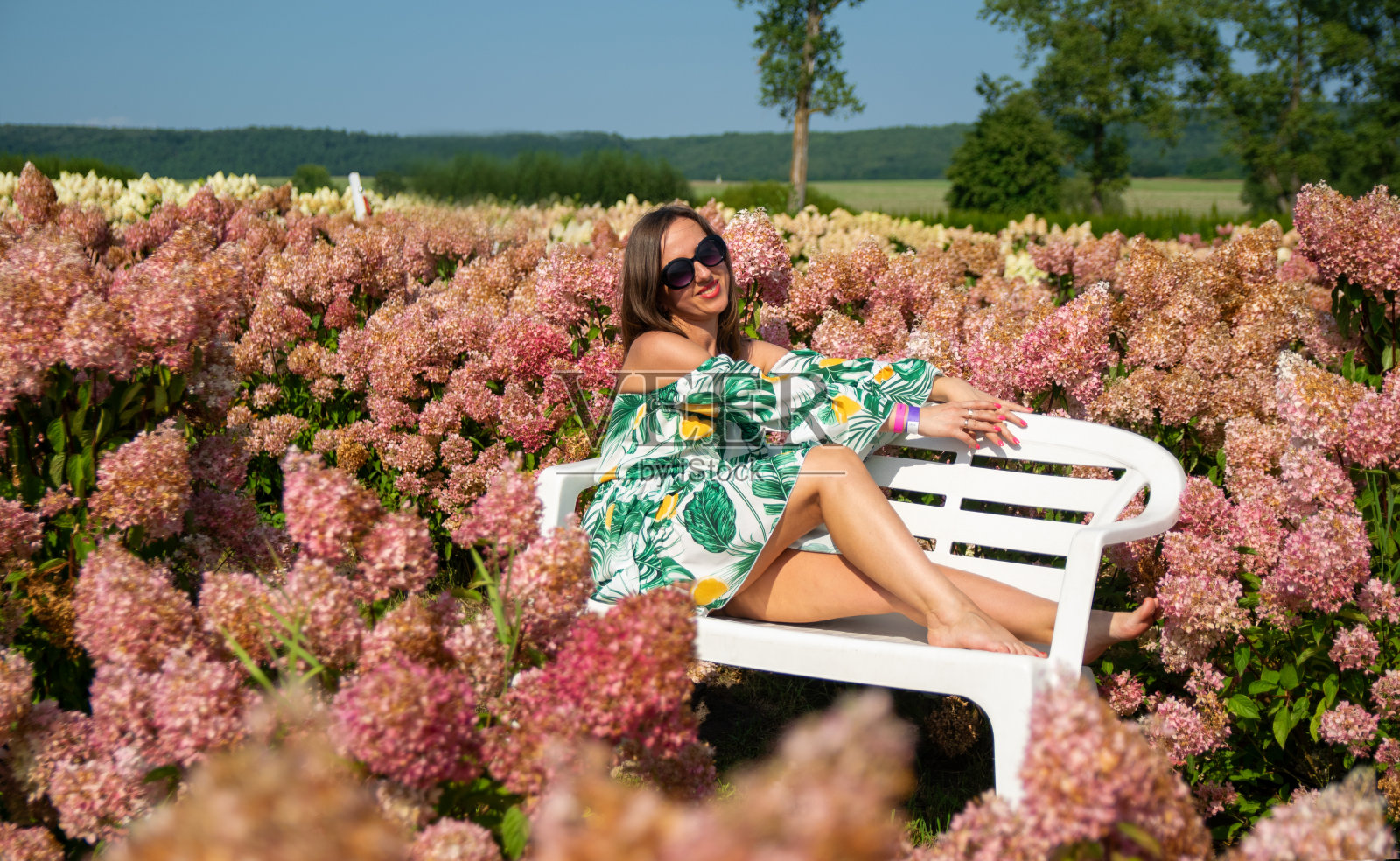 一个女孩坐在白花地里的长凳上。照片摄影图片
