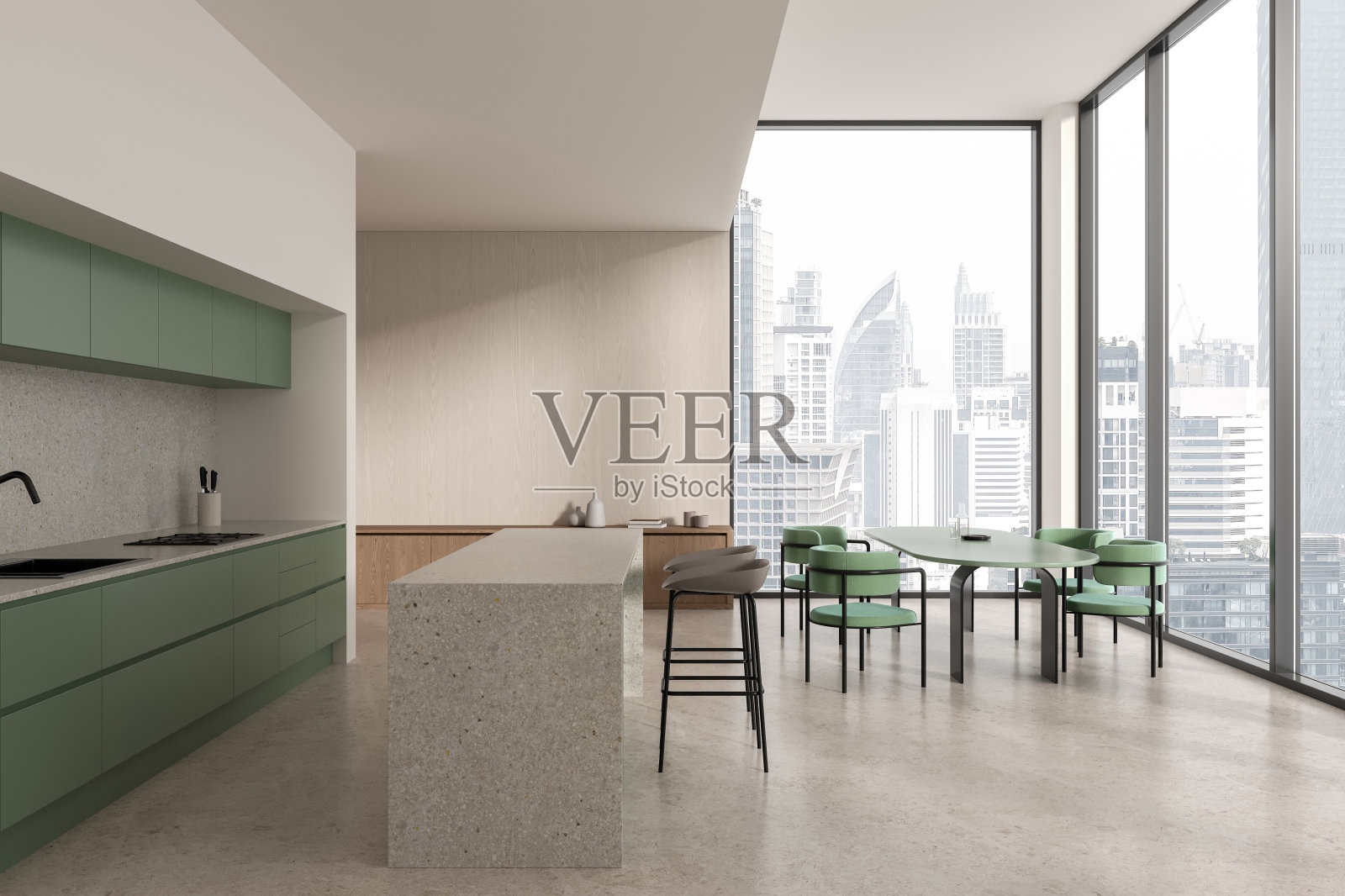 时尚的家庭厨房内部设有酒吧岛和用餐区,全景窗照片摄影图片