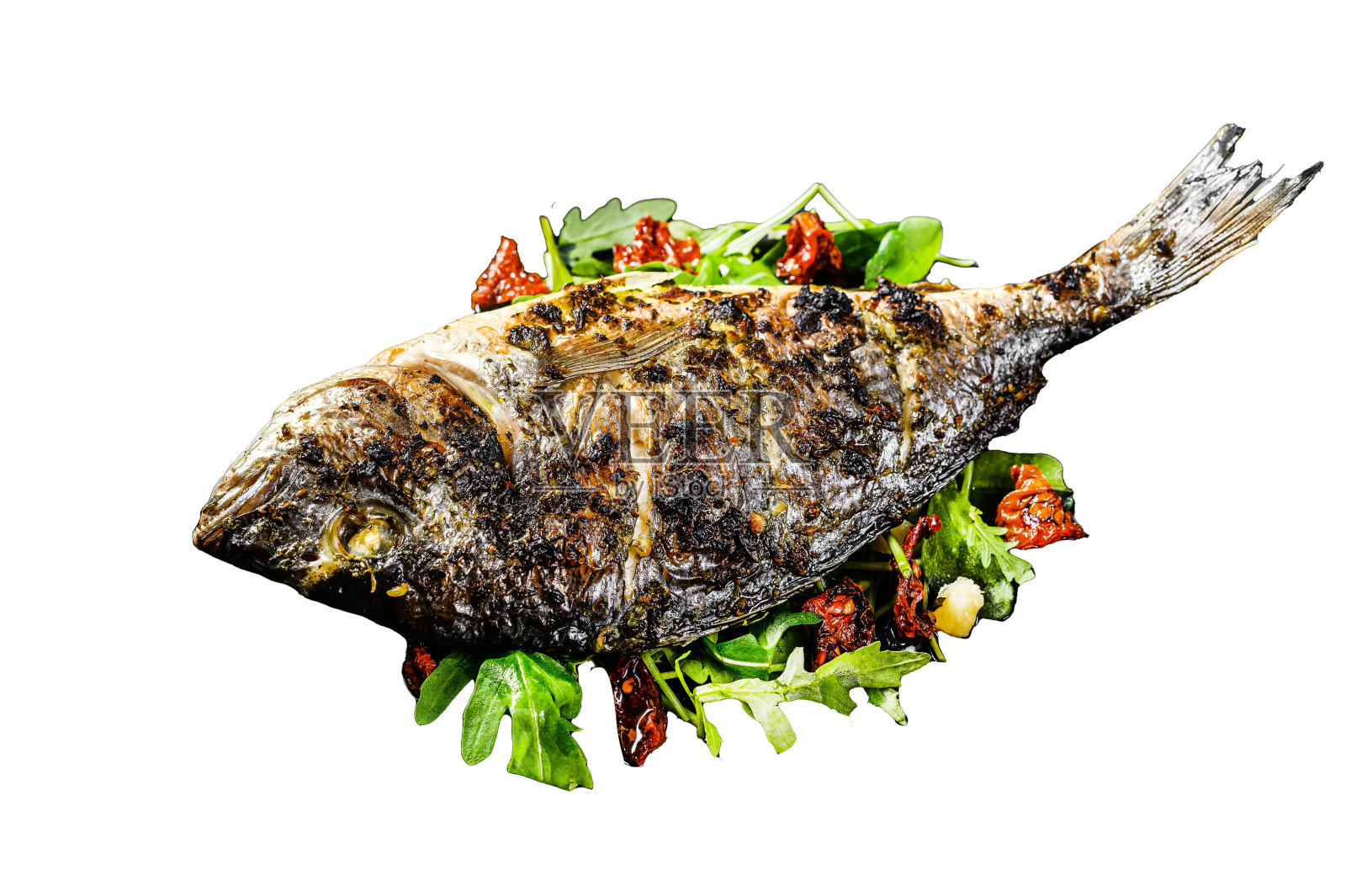 烤多拉多鱼配芝麻菜沙拉和番茄照片摄影图片