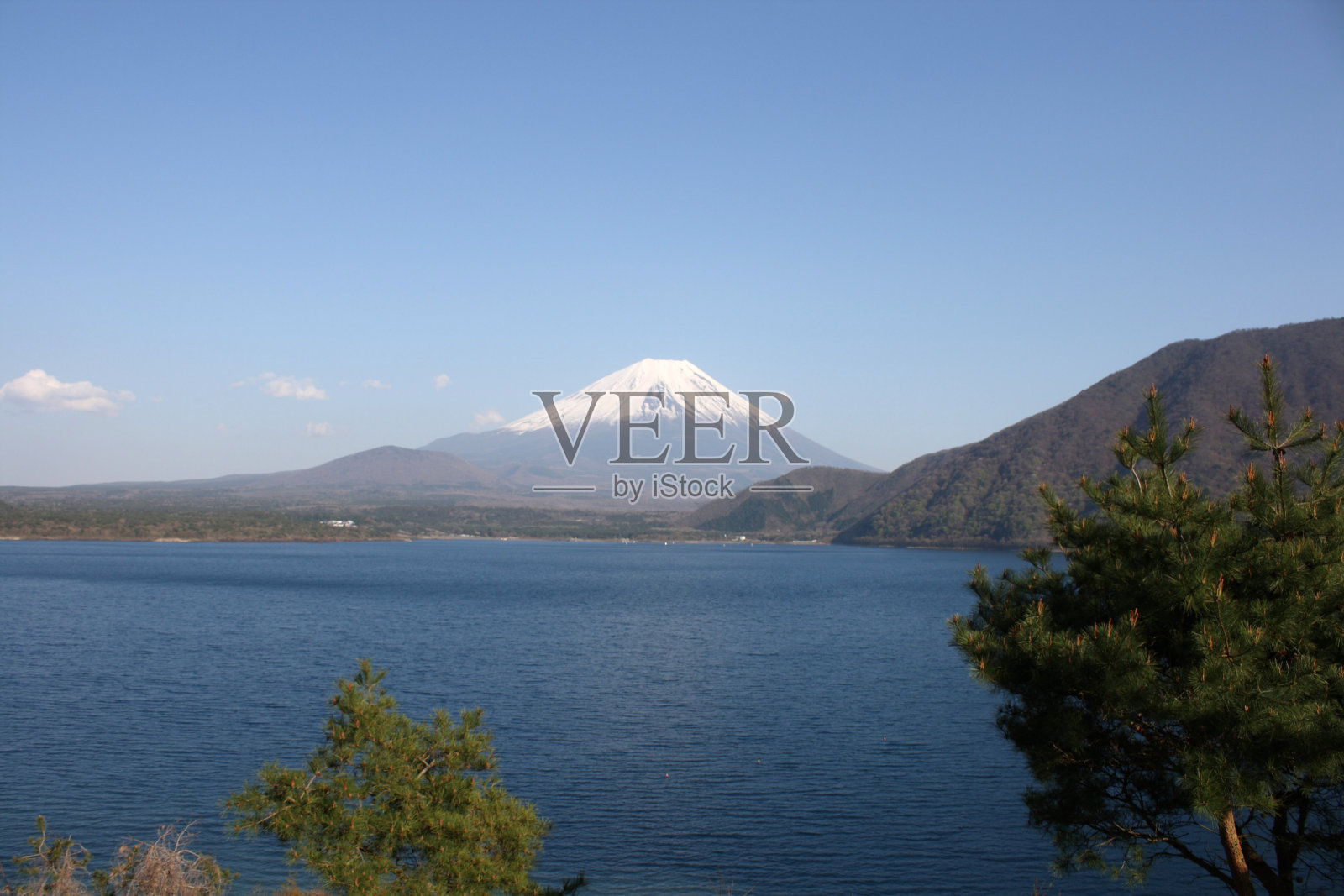 元津湖和富士山的春景照片摄影图片