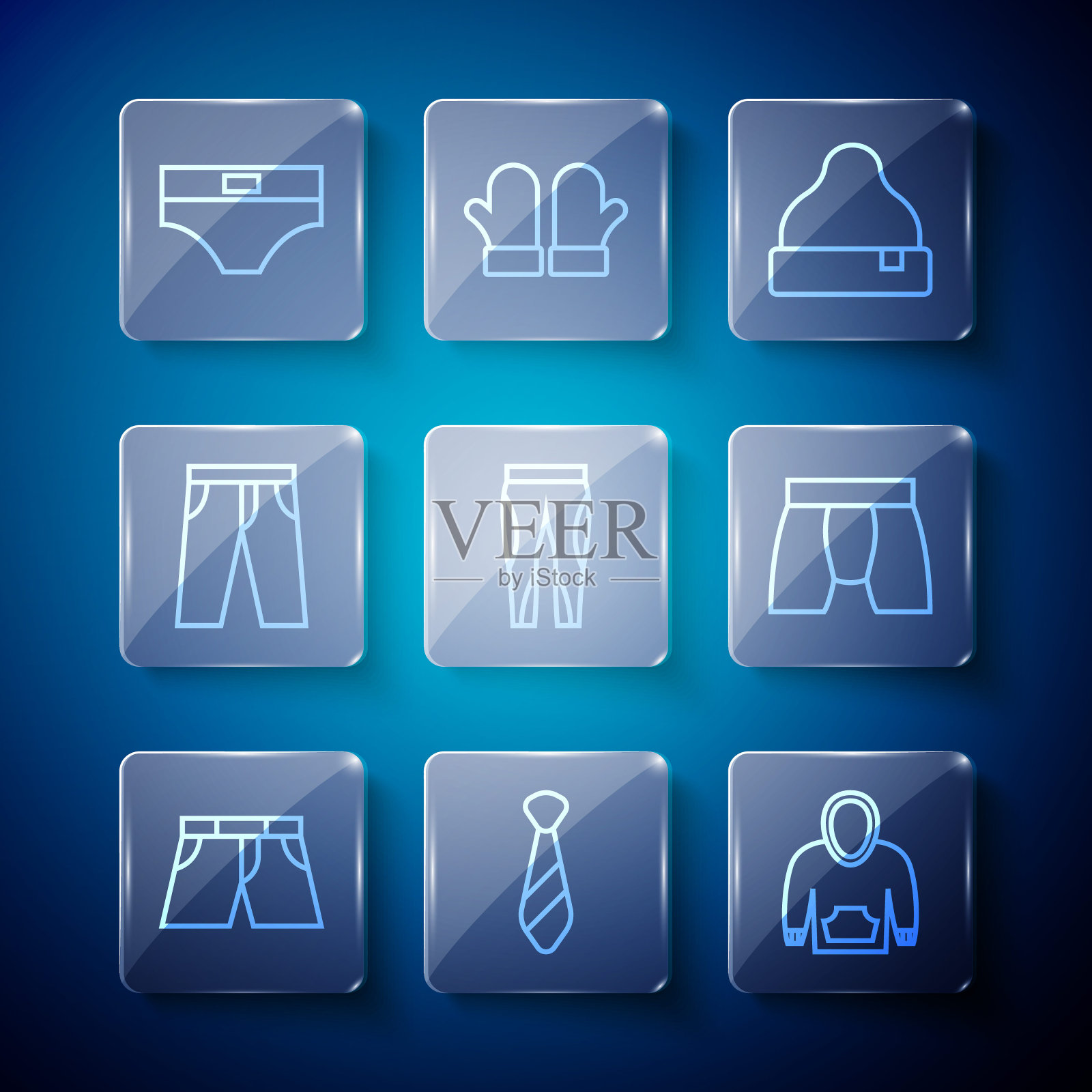 采购产品短或裤子,领带,连帽衫,无边帽,打底裤,裤子,男人内裤和图标。向量插画图片素材