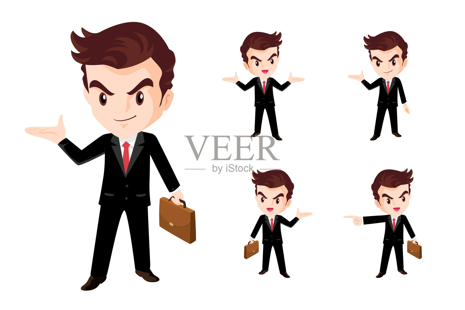 商人或上班族的各种姿势,面部情绪和手势的性格。打电话,现在,点插画图片素材