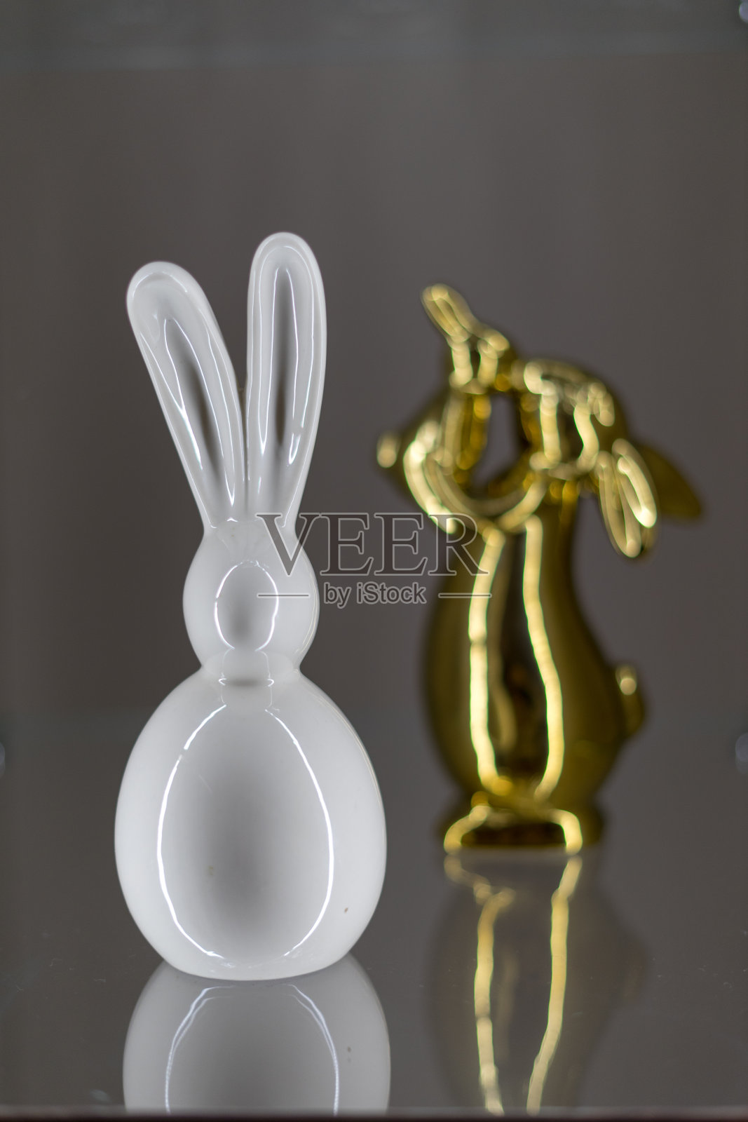 复活节白兔和金兔宝宝在灰色背景照片摄影图片