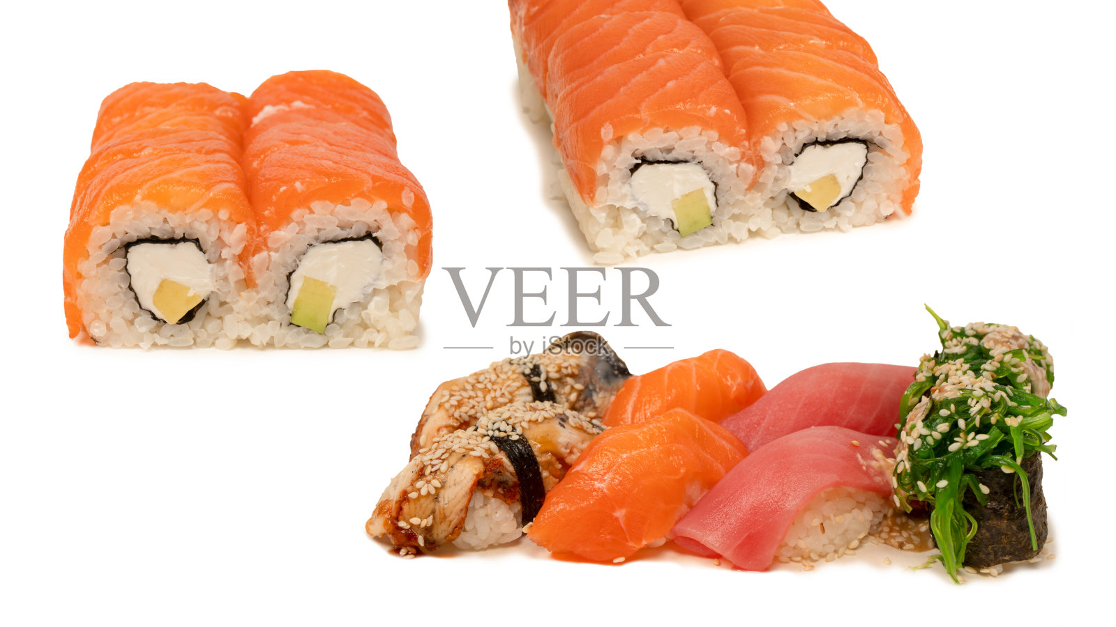 寿司配鲑鱼,鳗鱼,金枪鱼,烤肉裙带菜,芝麻。照片摄影图片