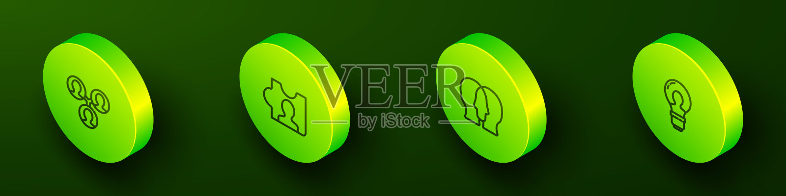 设置等距线项目团队基地,头部狩猎,并带有灯泡图标。向量插画图片素材