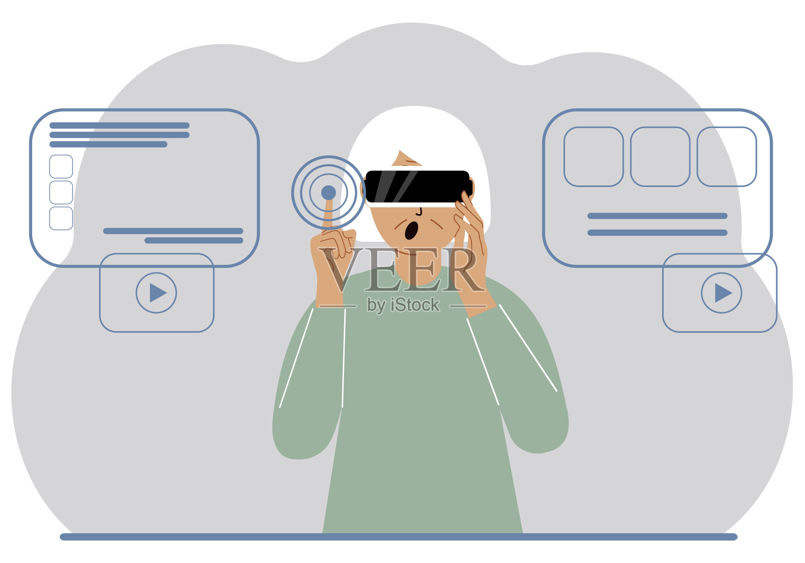 一个戴着虚拟现实耳机的女人学习、工作、玩耍和工作。插画图片素材