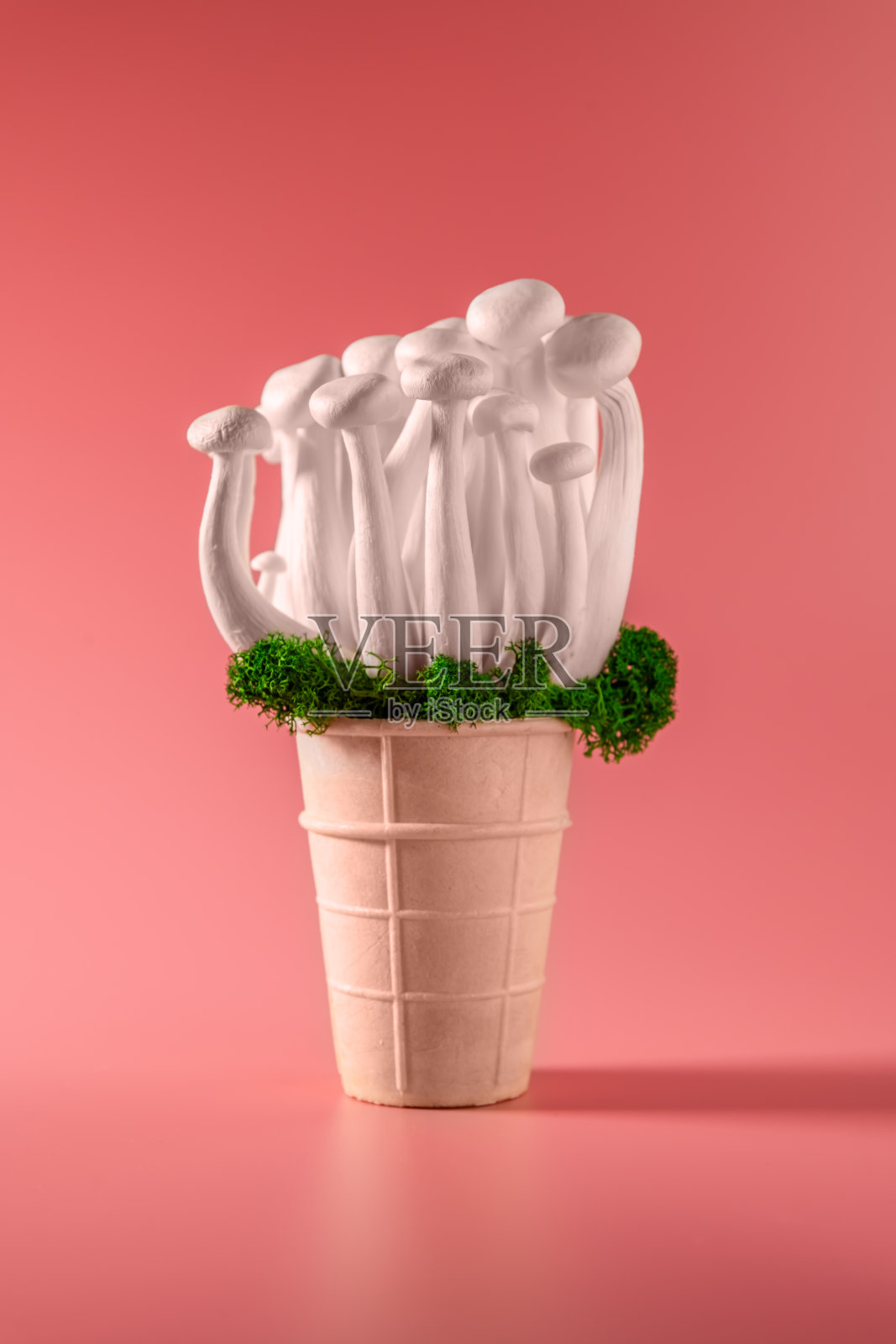 绿色冰淇淋筒里的Shimeji蘑菇和绿色的苔藓,粉红色的背景照片摄影图片