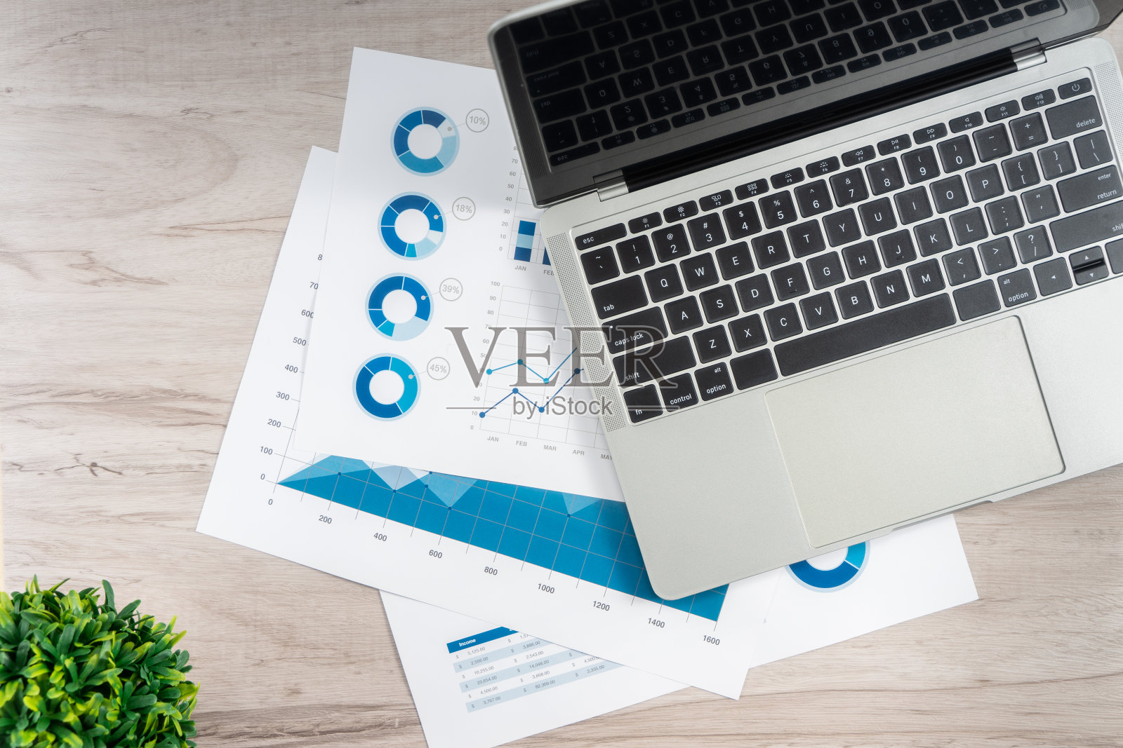 办公桌子上有笔记本电脑和财务图表。照片摄影图片