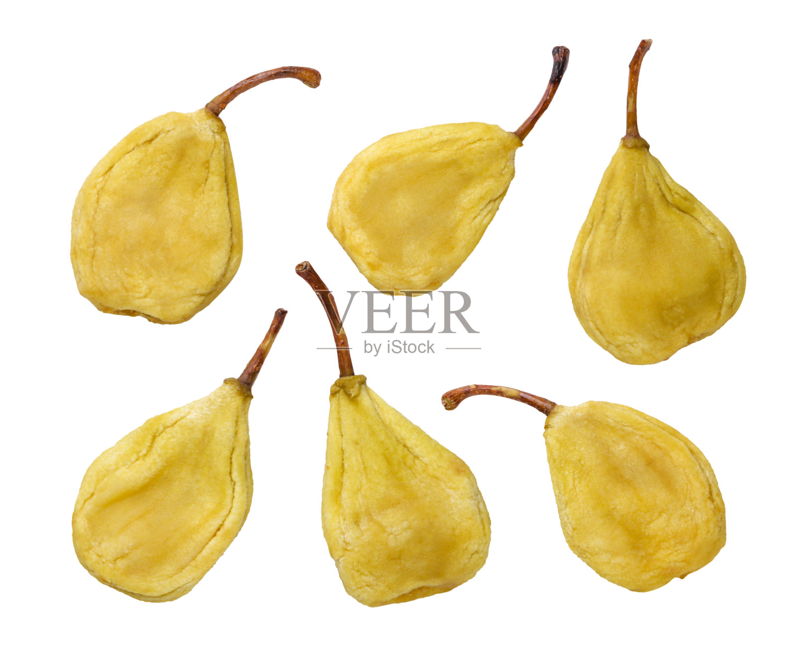 白色背景上的一组干梨。俯视图照片摄影图片