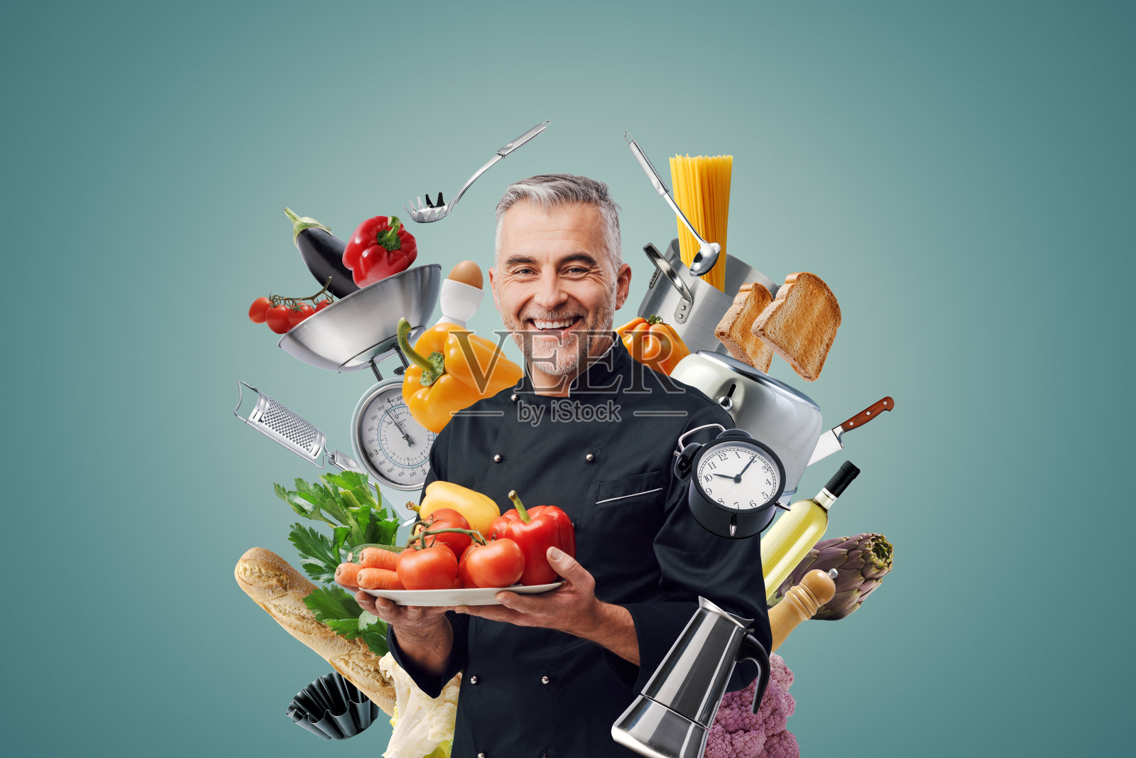 专业创意厨师肖像与厨房用具照片摄影图片