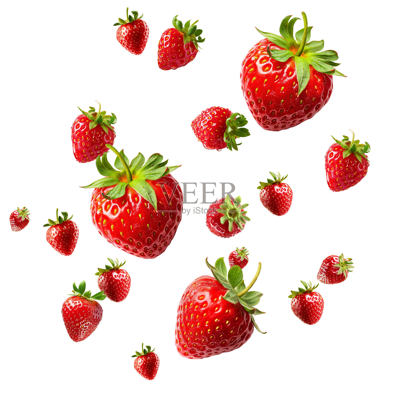 在空中飞舞的草莓,健康的有机浆果天然成分的概念,空白的空间在工作室拍摄孤立的白色背景照片摄影图片