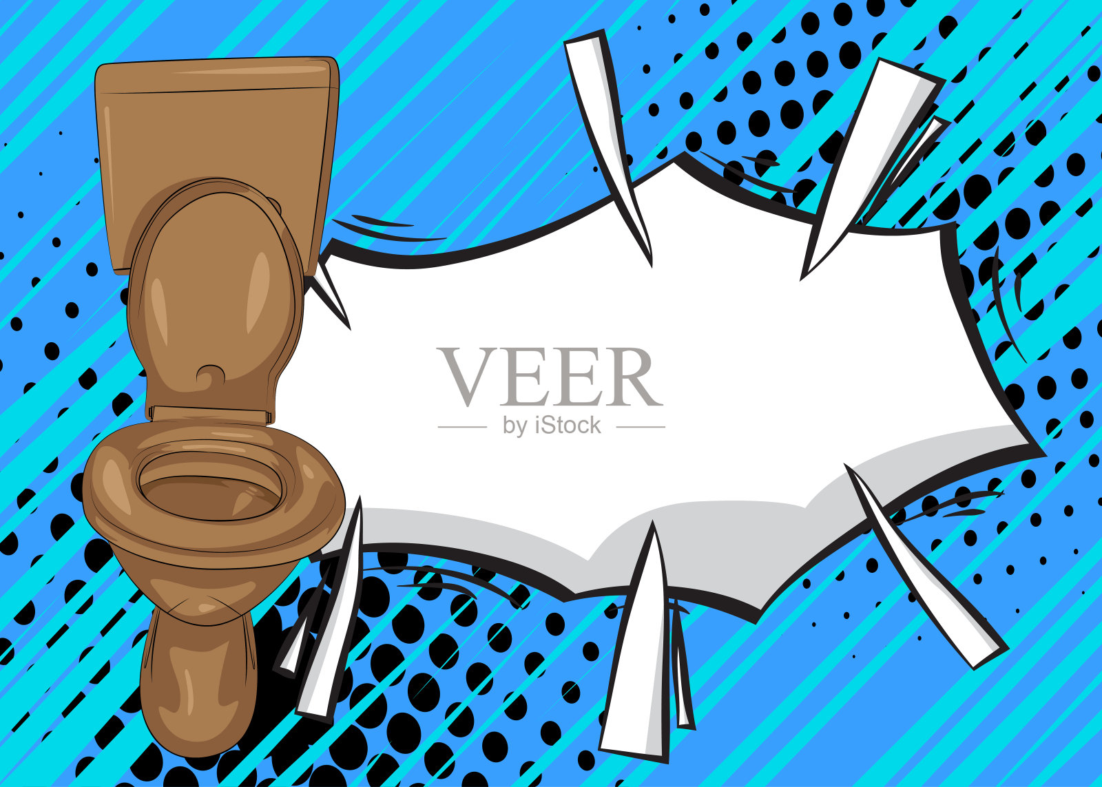 卡通抽水马桶与空白的语音气泡,漫画书的浴室背景。复古矢量漫画波普艺术设计。插画图片素材