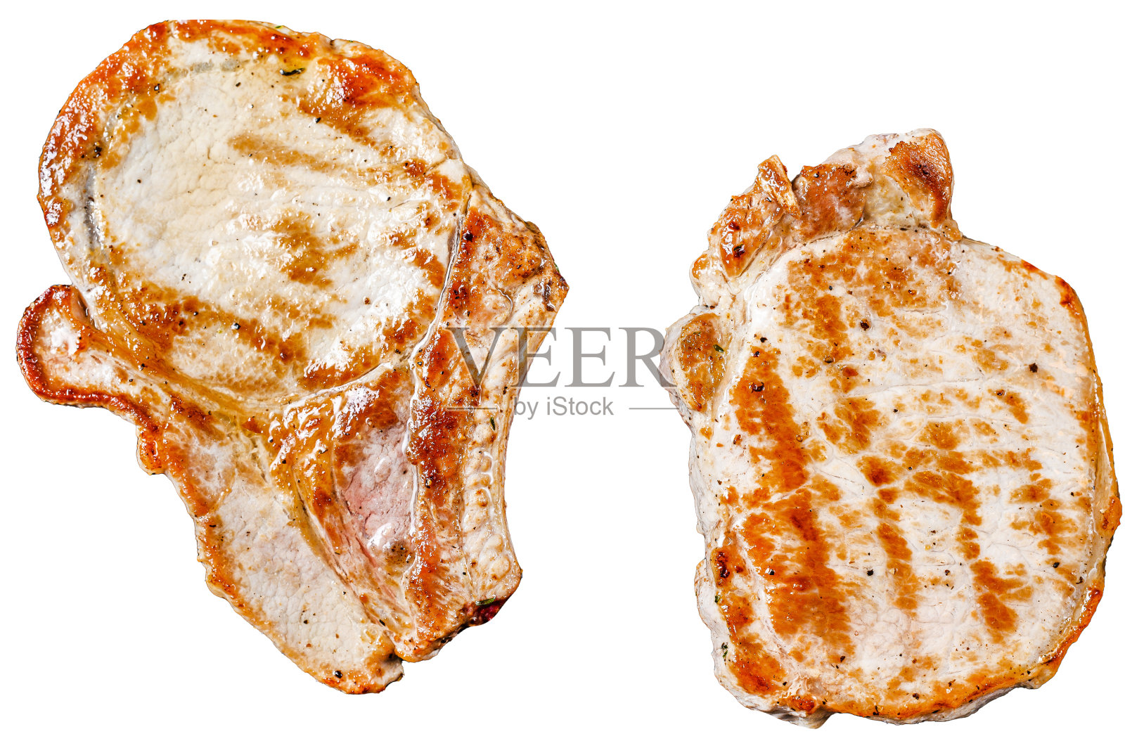 用平底锅烤猪排。有机肉排。孤立在白色背景上。前视图。照片摄影图片