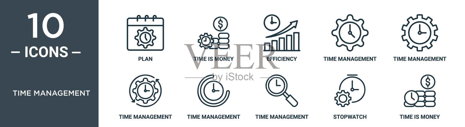 时间管理大纲图标集包括细线计划,时间就是金钱,效率,时间管理,管理,图标用于报告,演示,图表,网页设计插画图片素材