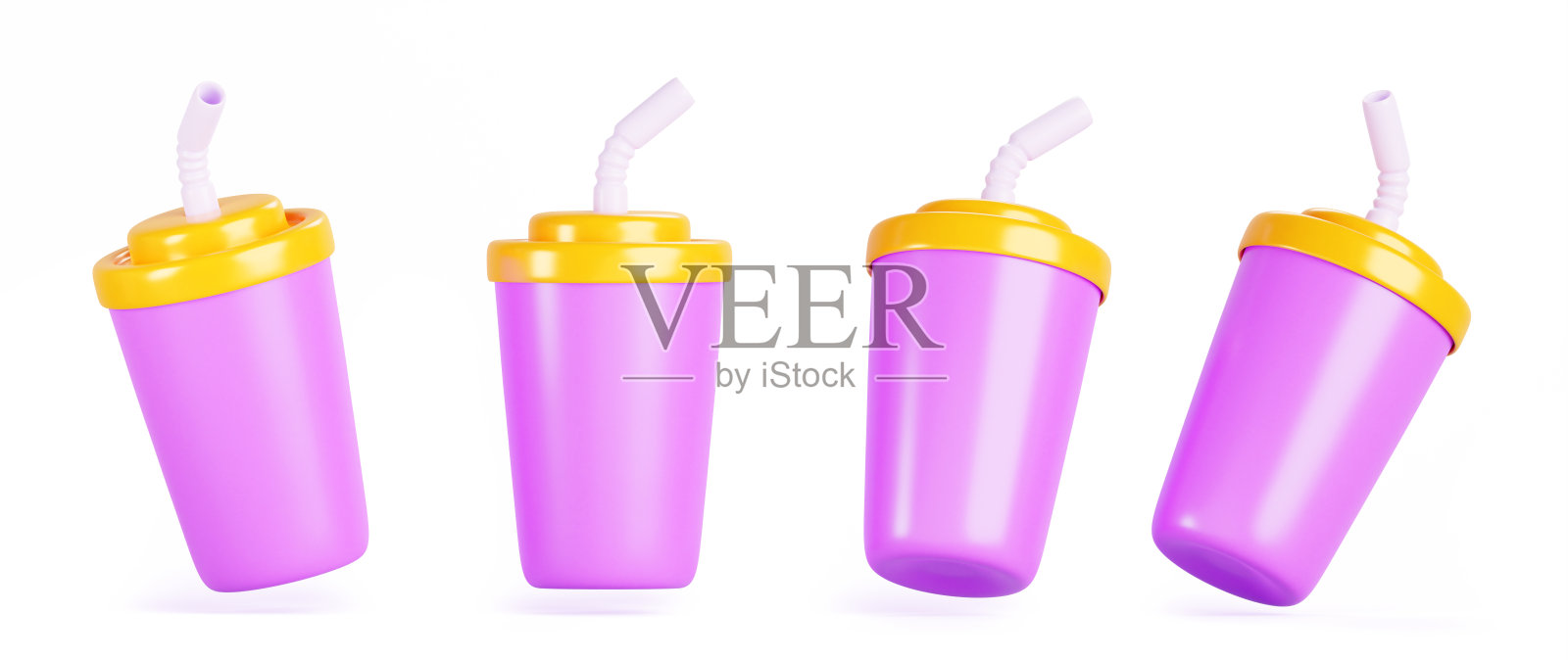 3d套彩色塑料杯图标与吸管和盖子。隔离空包装模板冷夏季饮料,冰茶或咖啡,新鲜饮料,果汁,苏打水,柠檬水渲染模型照片摄影图片