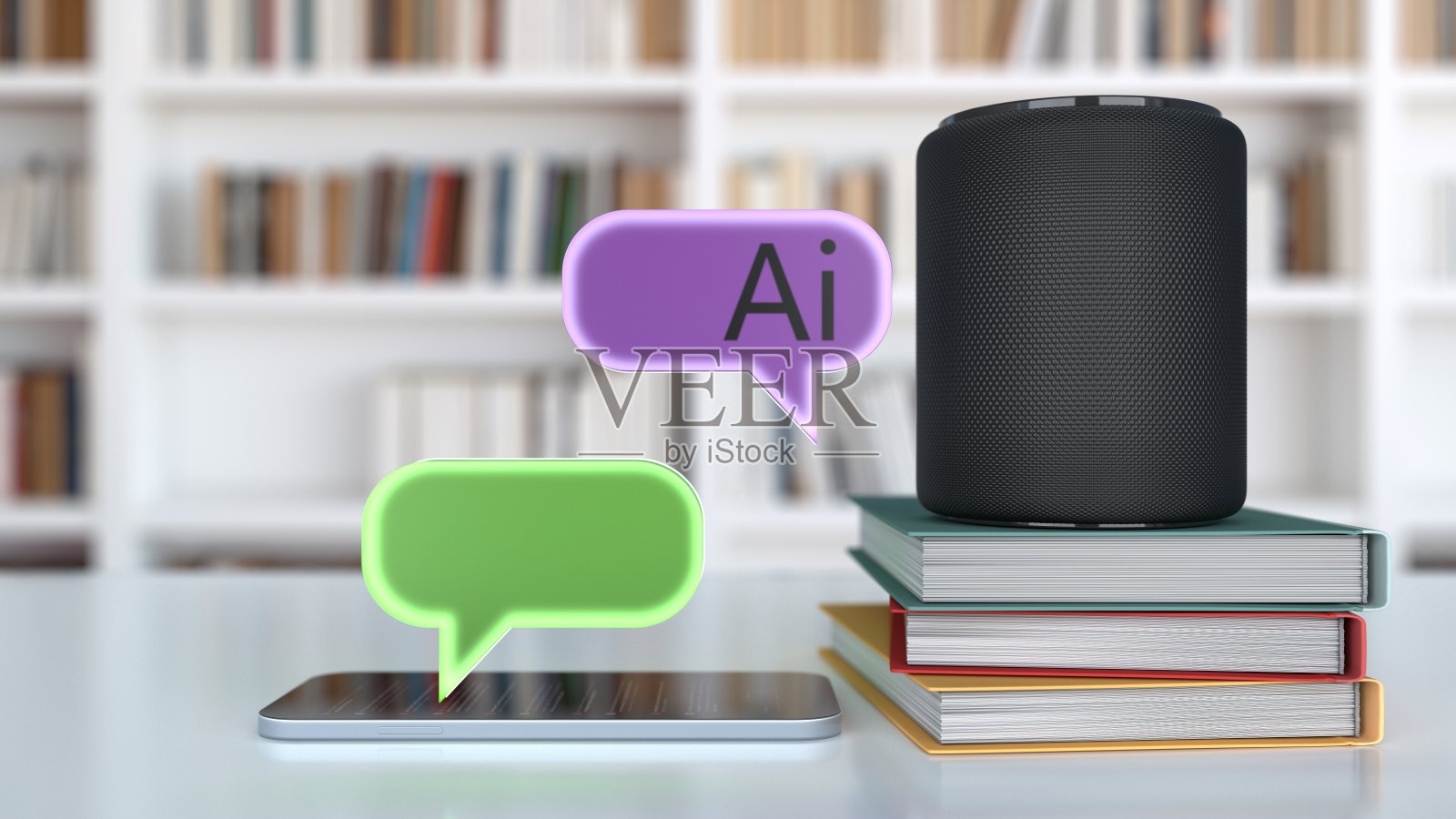 聊天机器人AI——人工智能创新数字概念。图书馆智能音箱照片摄影图片