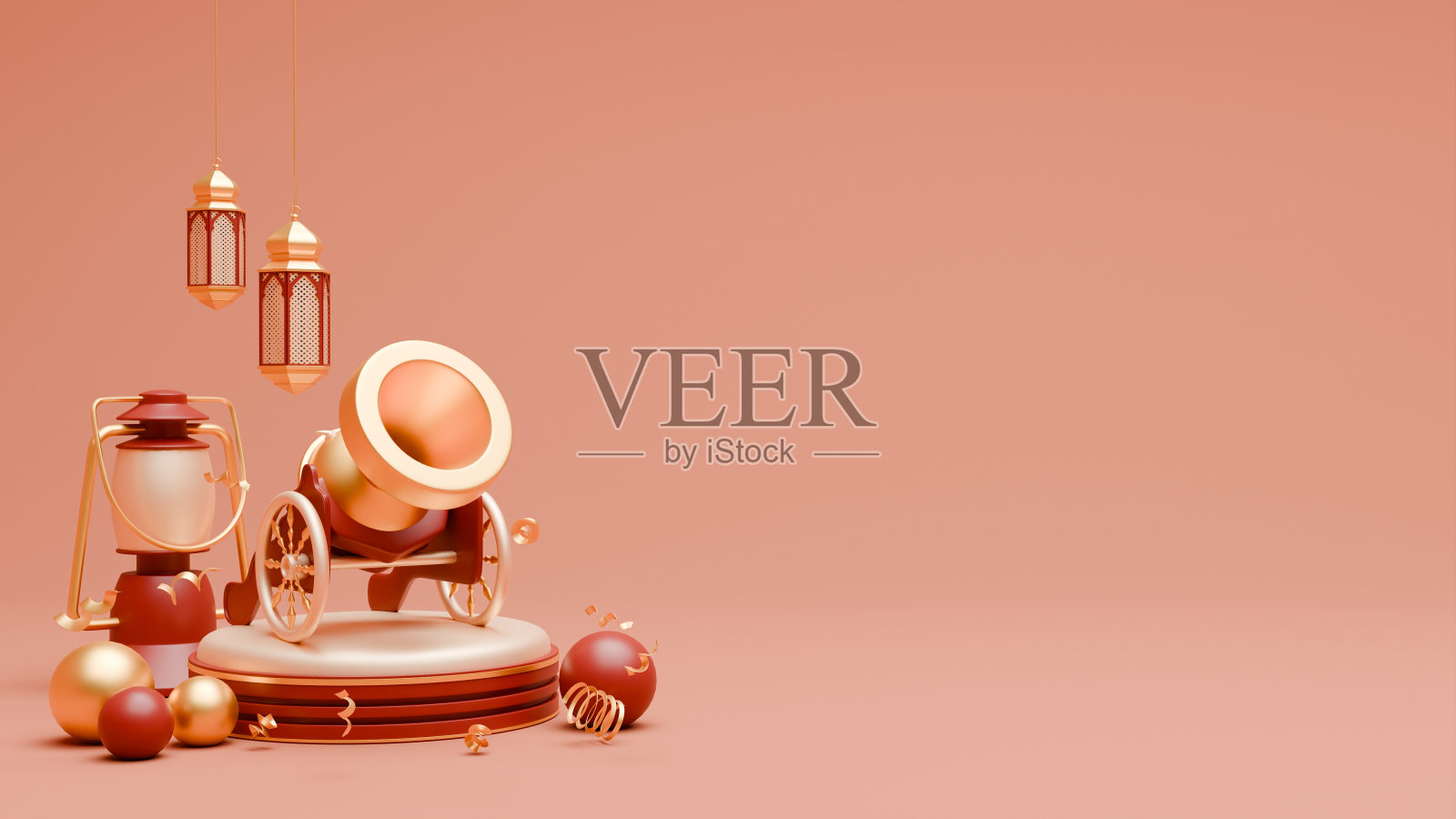 3D渲染斋月背景大炮,灯笼和横幅模板伊斯兰装饰品照片摄影图片