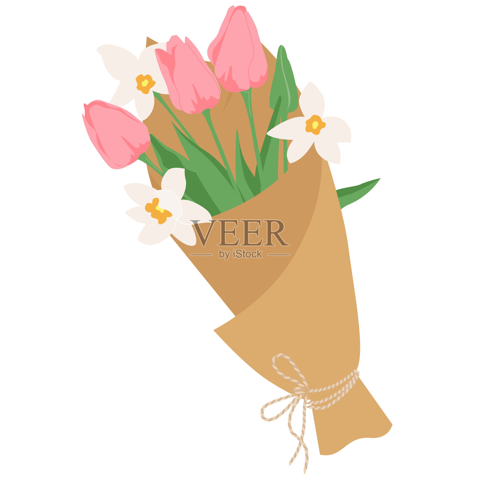 用白色的春花纸装饰的花束。一束粉红色的郁金香和水仙花。设计元素矢量插图的国际妇女节在3月8日或生日快乐插画图片素材