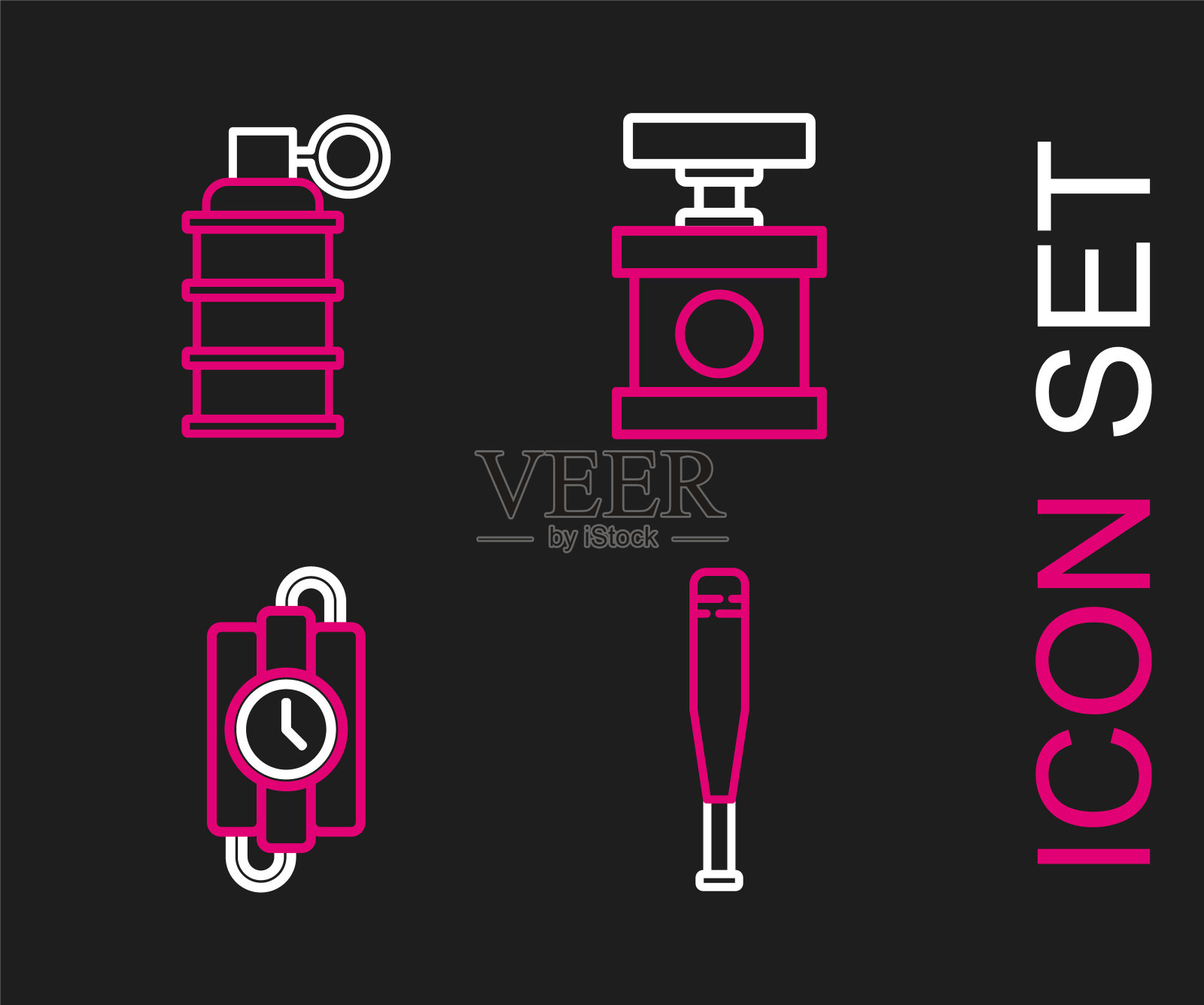 设置线棒球棒,炸药棒和定时器时钟,处理雷管和手榴弹图标。向量插画图片素材