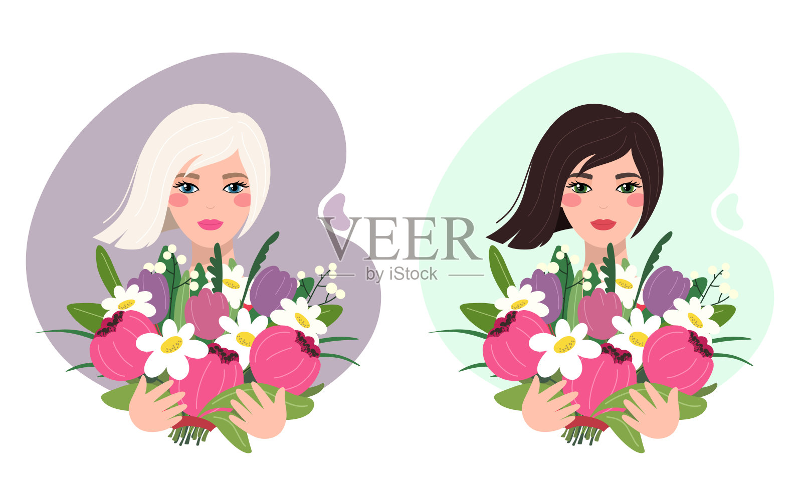 金发和黑发的女孩带着鲜花,春天或节日的插图,国际妇女节,母亲节。矢量插图。插画图片素材