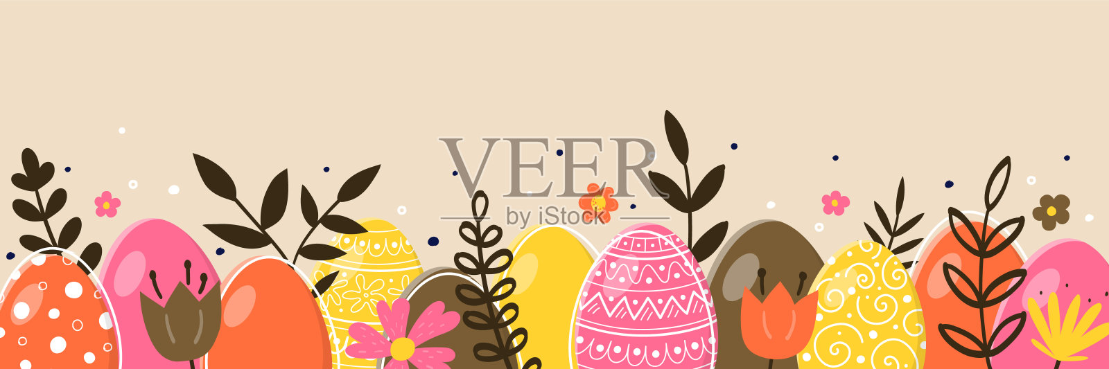 手绘复活节图案设计。横幅的概念与华丽的鸡蛋和鲜花。矢量图插画图片素材