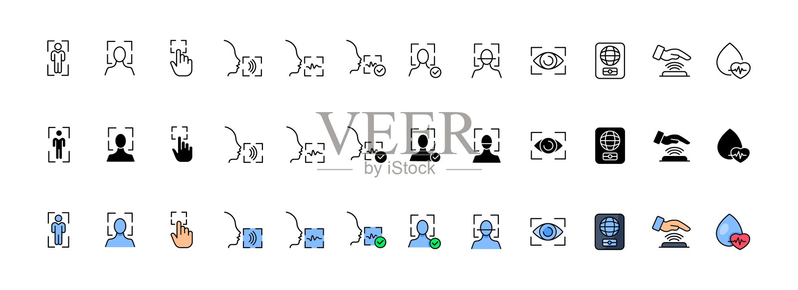生物识别图标收集。线性,轮廓和平面风格。矢量图标插画图片素材