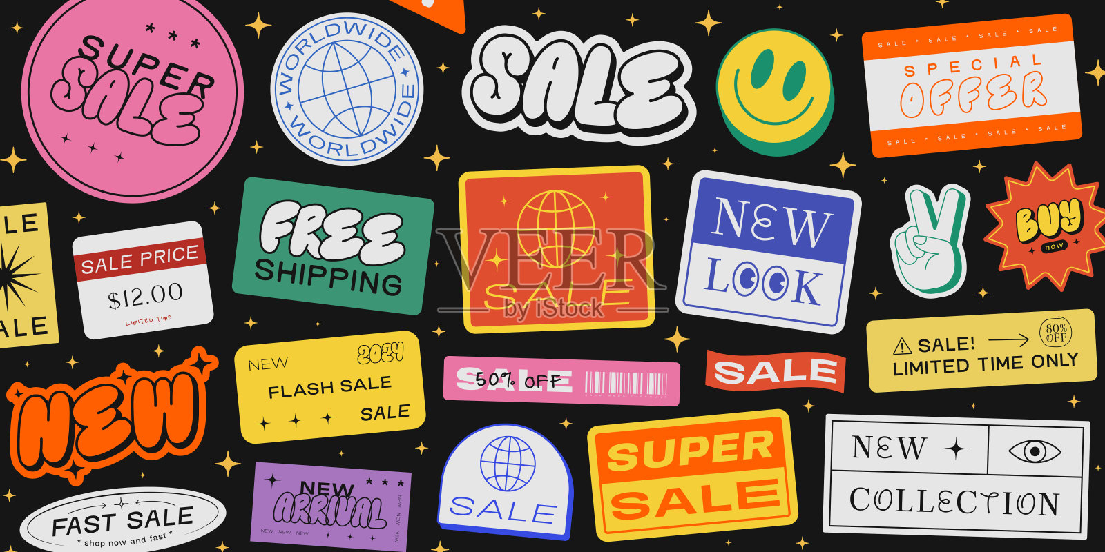 炫酷促销贴纸拼贴banner矢量设计,复古促销特别优惠折扣插画,Y2K标签,在线商店标志插画图片素材