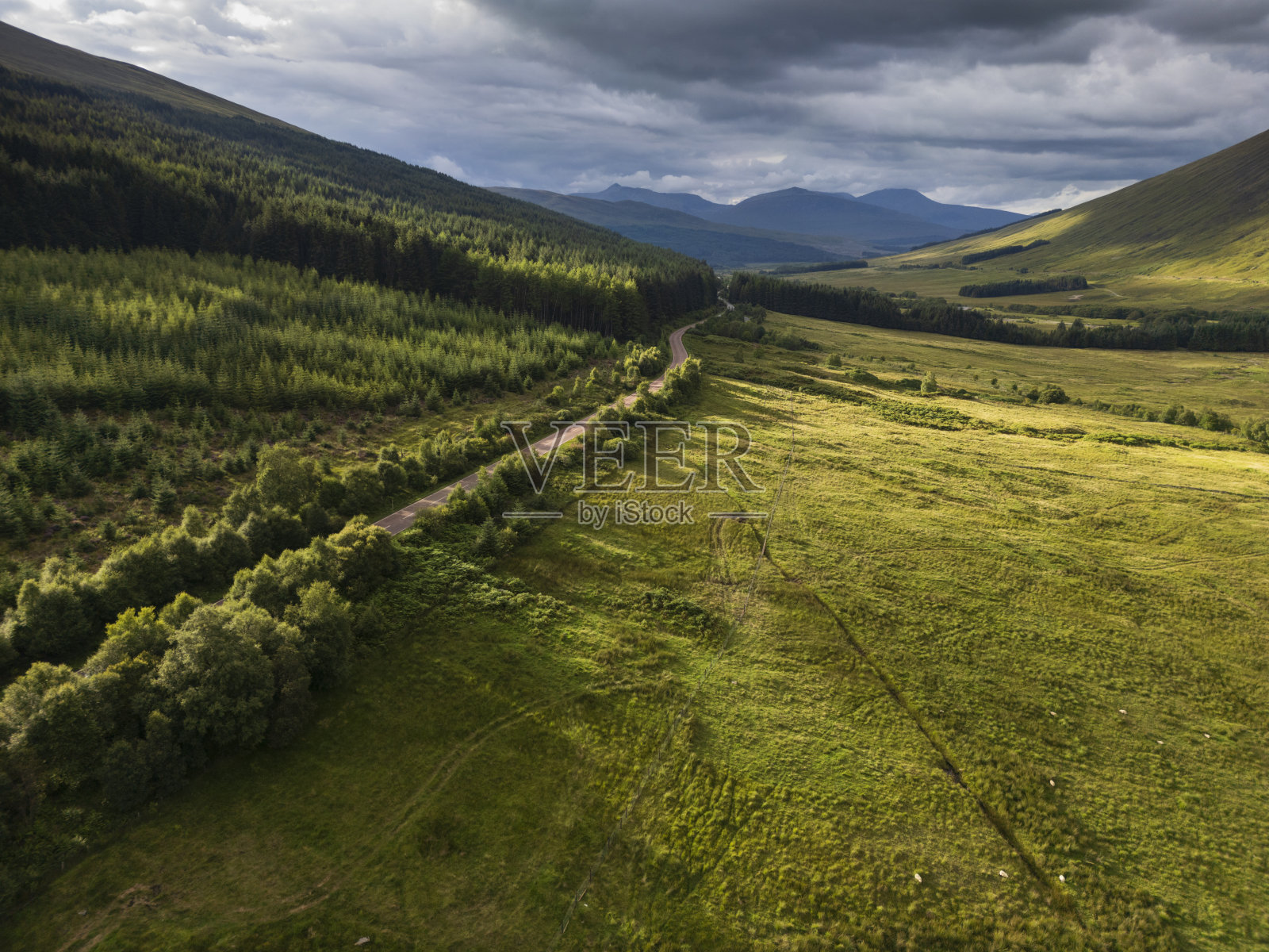 A82公路的鸟瞰图,因为它通过奥尔奇桥与山脉。苏格兰高地照片摄影图片