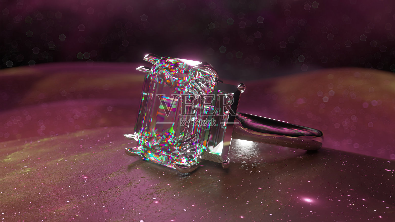 一枚闪闪发光的钻石戒指的特写镜头,背景是超现实的、紫色的、星光熠熠的背景。钻石的复杂和折射特性被捕捉到惊人的细节。三维演示照片摄影图片