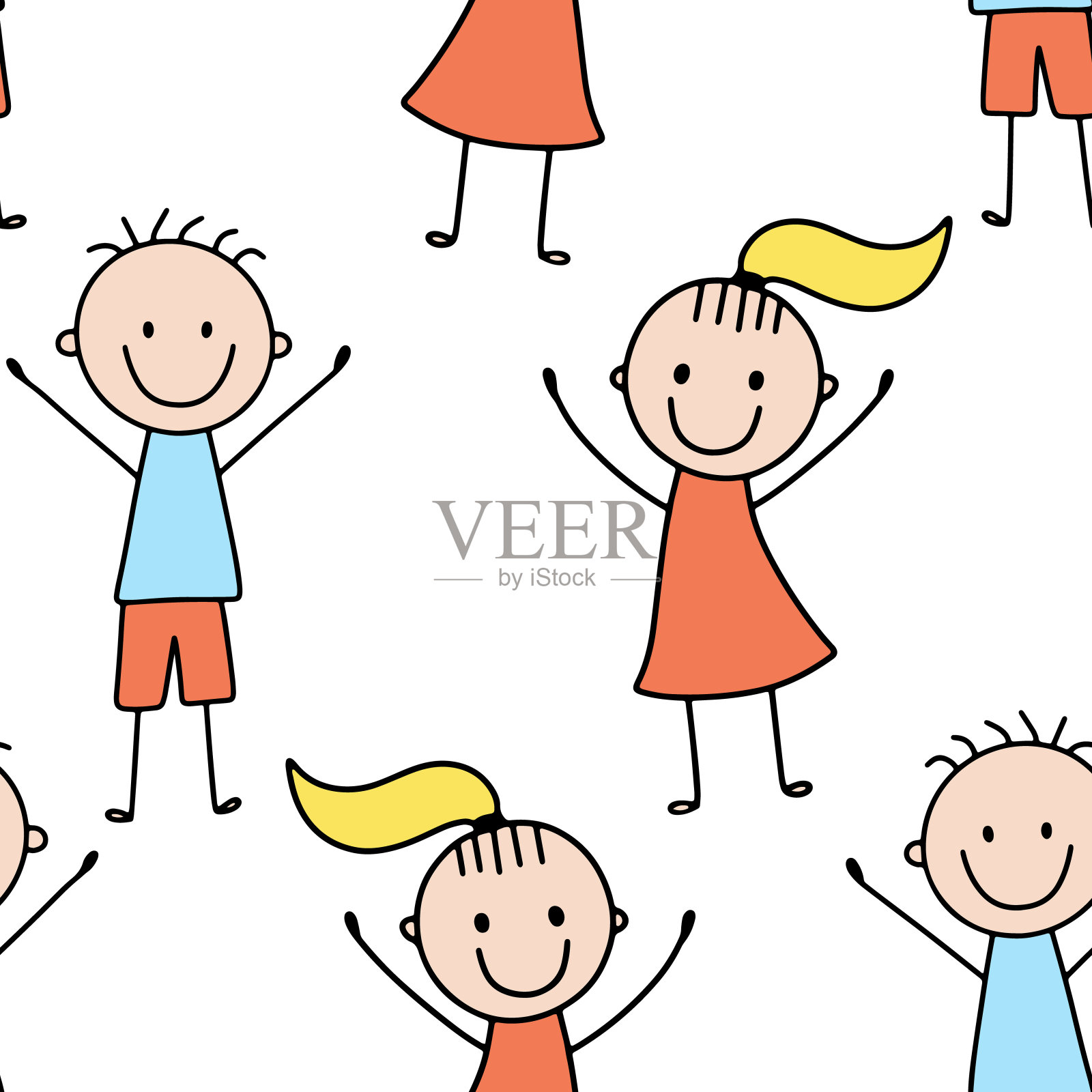 无缝图案与可爱的微笑快乐的女孩和男孩。矢量插图在涂鸦风格孤立的白色。孩子们挥手致意插画图片素材