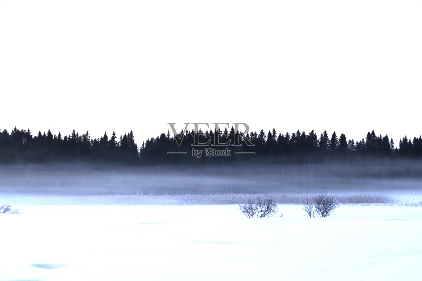 Östersund湖上的雾。雾中的森林和湖泊,蓝色和粉红色的天空。冬天在Jämtland。照片摄影图片