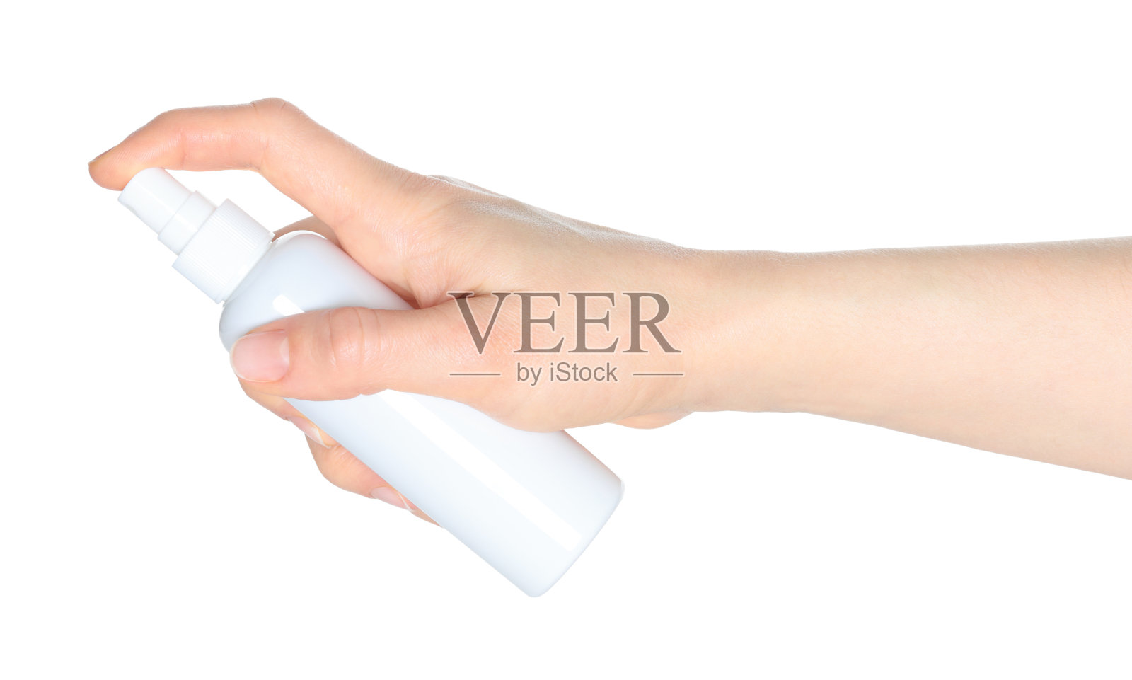 女子双手拿着白色喷雾瓶,孤立在白色背景上的特写,化妆品广告的模板照片摄影图片