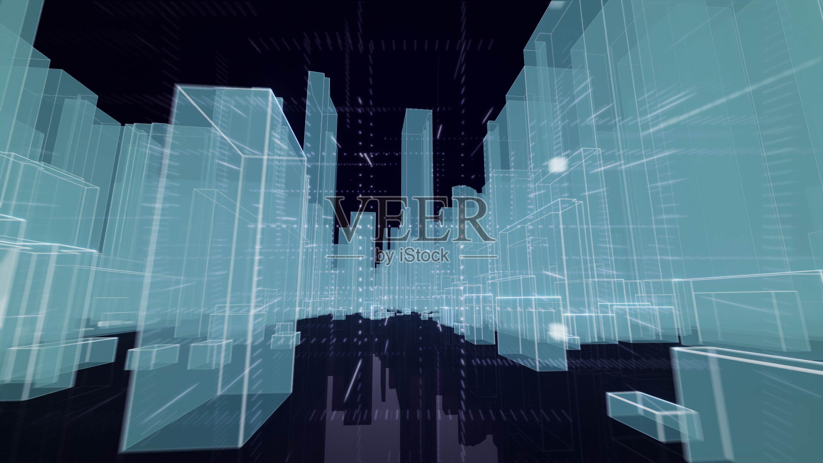 一群人走过未来城市里的电动蓝色塔楼照片摄影图片